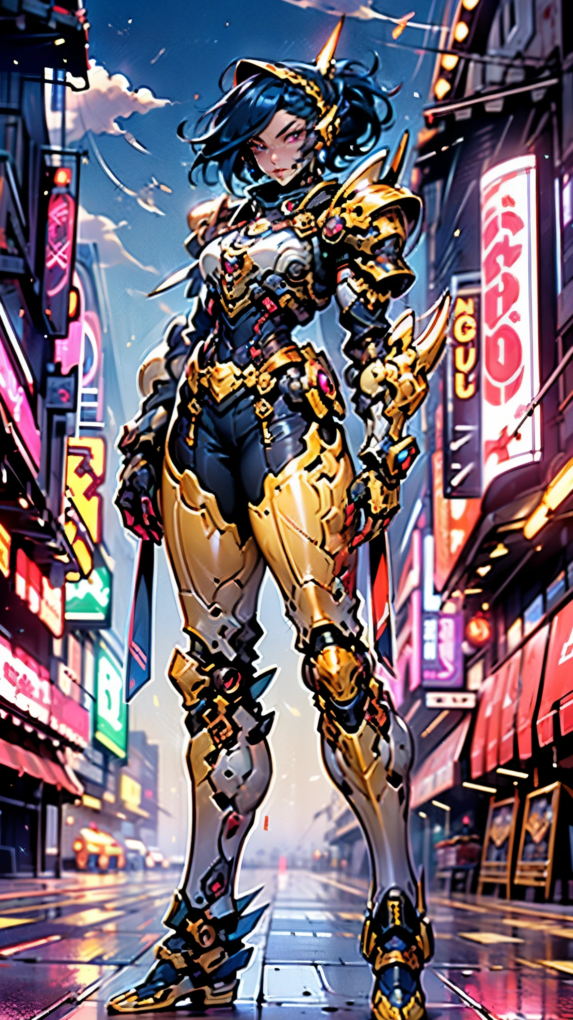 A woman adorned in fantasy-style full-body armor, a crown-concept fully enclosed helmet that unveils only her eyes, a composite layered chest plate, fully encompassing shoulder and hand guards, a lightweight waist armor, form-fitting shin guards, the overall design is heavy-duty yet flexible, ((the armor gleams with a golden glow, complemented by red and blue accents)), exhibiting a noble aura, she floats above a fantasy-surreal high-tech city, this character embodies a finely crafted fantasy-surreal style armored hero in anime style, exquisite and mature manga art style, (Queen bee mixed with Spider concept Armor, plasma, blood), ((Element, energy, elegant, goddess, femminine:1.5)), metallic, high definition, best quality, highres, ultra-detailed, ultra-fine painting, extremely delicate, professional, anatomically correct, symmetrical face, extremely detailed eyes and face, high quality eyes, creativity, RAW photo, UHD, 32k, Natural light, cinematic lighting, masterpiece-anatomy-perfect, masterpiece:1.5