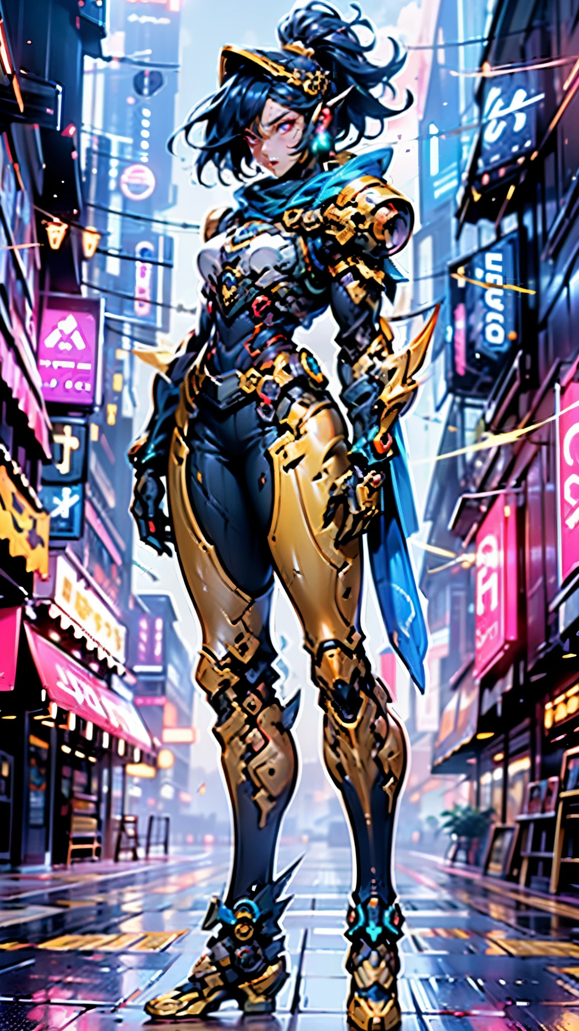 A woman adorned in fantasy-style full-body armor, a crown-concept fully enclosed helmet that unveils only her eyes, a composite layered chest plate, fully encompassing shoulder and hand guards, a lightweight waist armor, form-fitting shin guards, the overall design is heavy-duty yet flexible, ((the armor gleams with a golden glow, complemented by red and blue accents)), exhibiting a noble aura, she floats above a fantasy-surreal high-tech city, this character embodies a finely crafted fantasy-surreal style armored hero in anime style, exquisite and mature manga art style, (Queen bee mixed with Spider concept Armor, plasma, blood), ((Element, energy, elegant, goddess, femminine:1.5)), metallic, high definition, best quality, highres, ultra-detailed, ultra-fine painting, extremely delicate, professional, anatomically correct, symmetrical face, extremely detailed eyes and face, high quality eyes, creativity, RAW photo, UHD, 32k, Natural light, cinematic lighting, masterpiece-anatomy-perfect, masterpiece:1.5