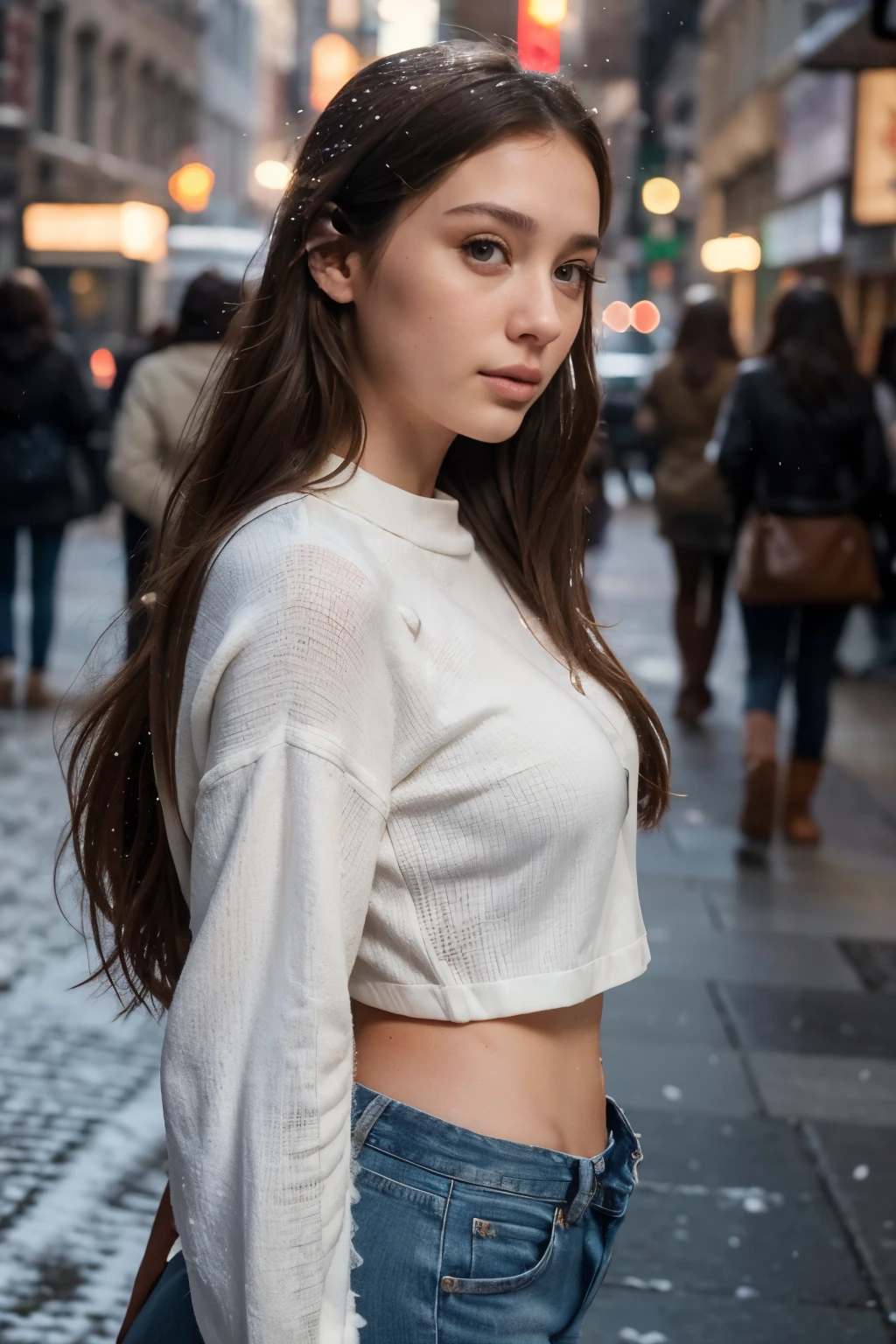 hyper-realistic photo of a beautiful sexy brunette female, detailed face, she has a thin face, stylish clothing, standing on the side walk in new york city with a light snow falling and blanketing the city ((looking into camera)), portrait sophie mudd, thick neck, 19 year old female model, latina, angelawhite, violet myers, 22 years old, 21 years old, profile image, italian, italian latina, Alycia Debnam-Carey, hazel eyes, realistic, post-processing, maximum detail, casual photo, instagram photo, goofy, believable photo