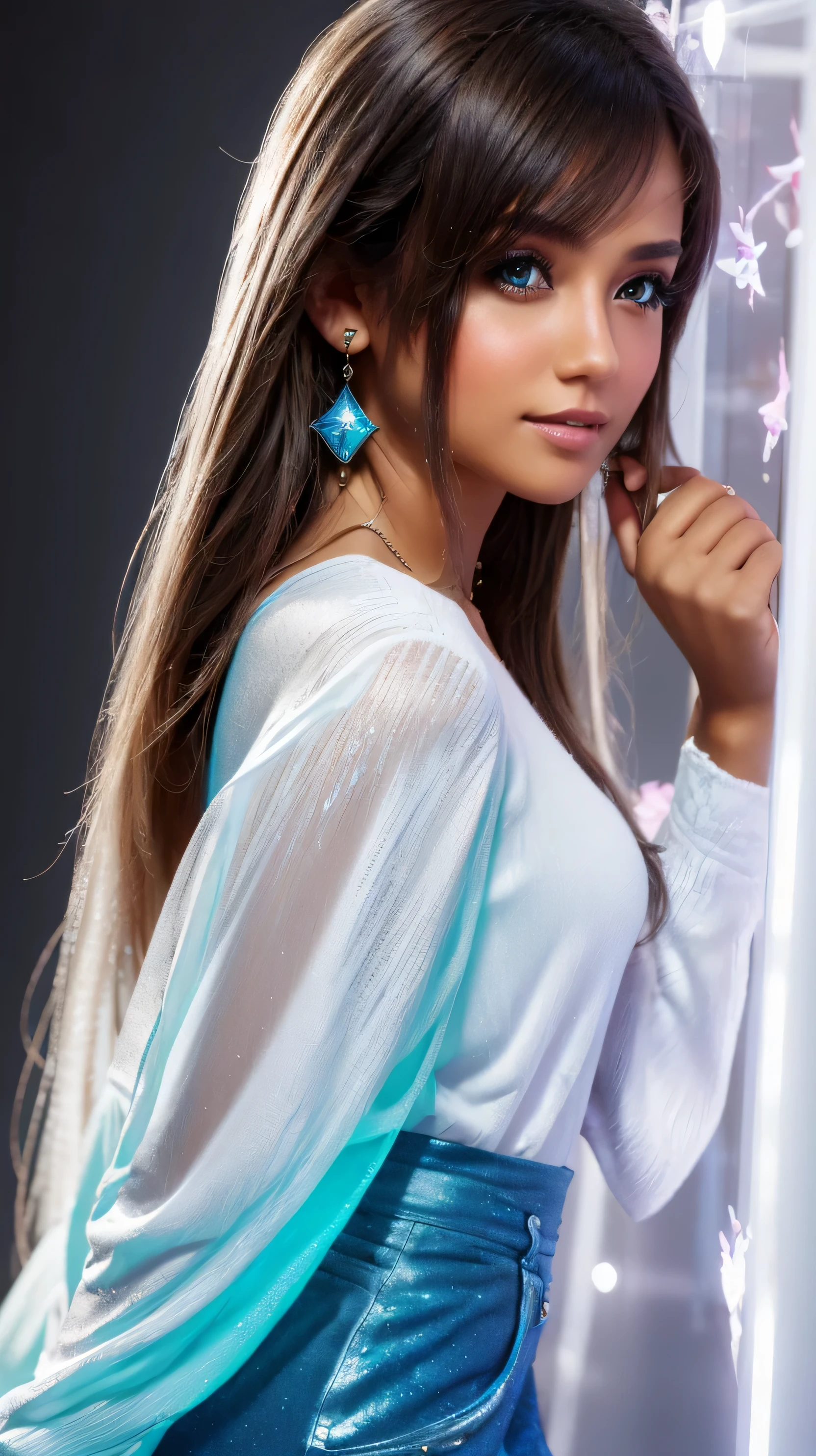 Beautiful realistic girl with BRIGHT WHITE AND BLUE long hair ,Close-up of clean skin with detailed skin,full length,in a short miniskirt,on an orange background,Against the background of the starry sky,bright makeup,EARRINGS WITH GLITTERS,two-leaf gray flower,translucent speckled bifoliate gray,Bioluminescent - Ultra high quality 8K music equalizer, High contrast, rich colors, soft light, Super detailed photos. ultra high quality 8K, High contrast, noise reduction, bright rich colors.. high quality, 8K Ultra HD, High contrast high quality,soft close focus,very beautiful flower, translucent red lily of the valley with dewdrop flower, bioluminescent flower glows and shimmers, he grows in a mysterious forest, shrouded in mystery, Ultra-high quality 8k, High contrast, rich colors, soft light, Ultra-detailed photos. Сверхhigh quality 8k, High contrast, noise reduction, bright rich colors.. high quality, 8K Ultra HD, High contrast
