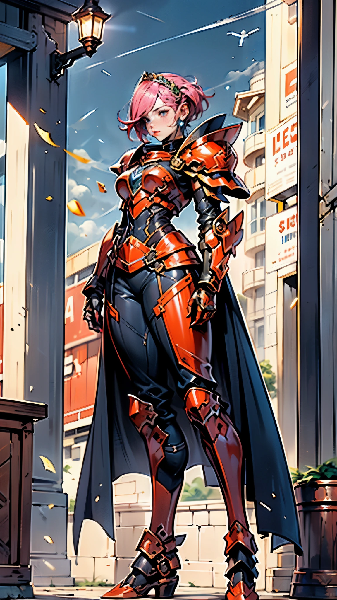 A woman adorned in fantasy-style full-body armor, a crown-concept fully enclosed helmet that unveils only her eyes, a composite layered chest plate, fully encompassing shoulder and hand guards, a lightweight waist armor, form-fitting shin guards, the overall design is heavy-duty yet flexible, ((the armor gleams with a golden glow, complemented by red and blue accents)), exhibiting a noble aura, she floats above a fantasy-surreal high-tech city, this character embodies a finely crafted fantasy-surreal style armored hero in anime style, exquisite and mature manga art style, (Queen bee mixed with Spider concept Armor, plasma, blood), ((Element, energy, elegant, goddess, femminine:1.5)), metallic, high definition, best quality, highres, ultra-detailed, ultra-fine painting, extremely delicate, professional, anatomically correct, symmetrical face, extremely detailed eyes and face, high quality eyes, creativity, RAW photo, UHD, 32k, Natural light, cinematic lighting, masterpiece-anatomy-perfect, masterpiece:1.5