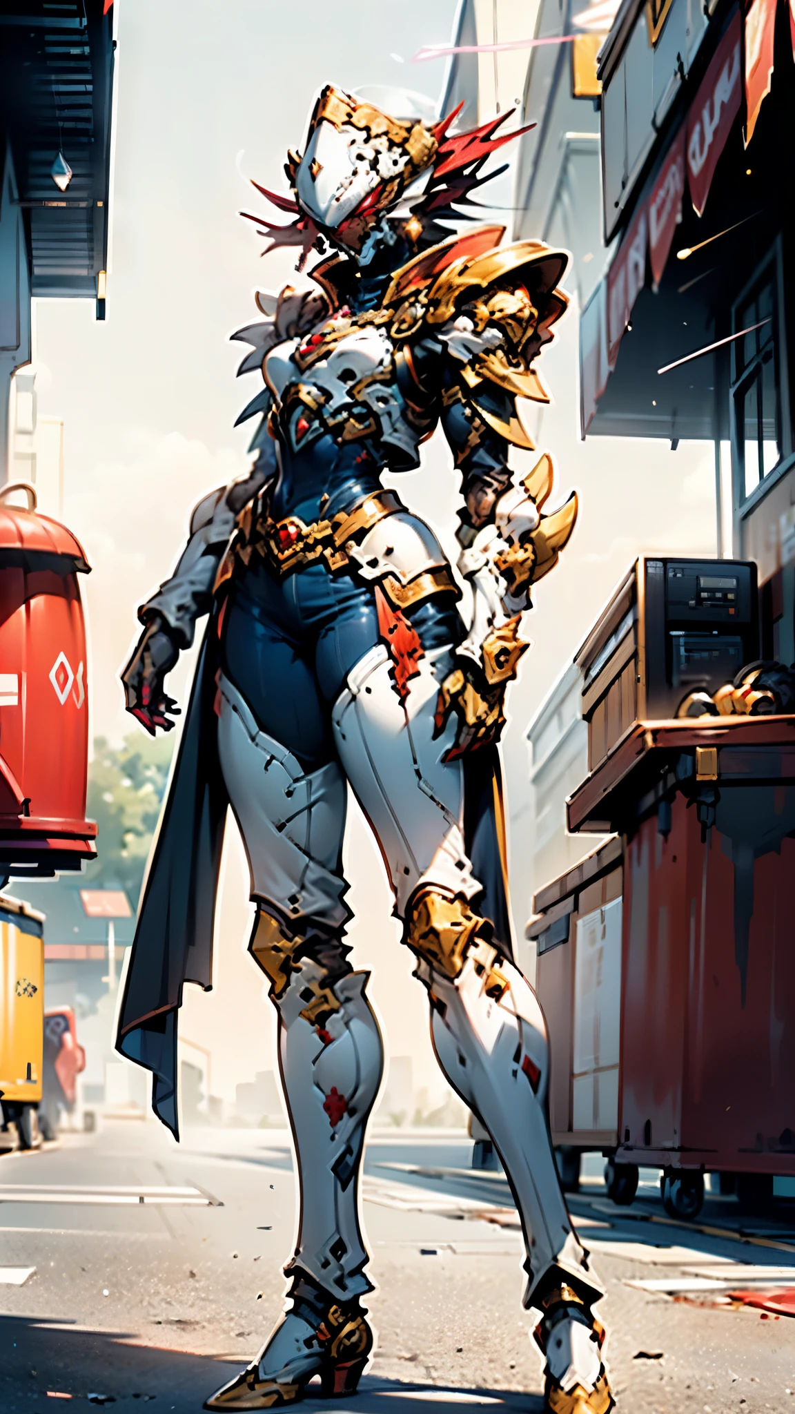 A woman adorned in fantasy-style full-body armor, a crown-concept fully enclosed helmet that unveils only her eyes, a composite layered chest plate, fully encompassing shoulder and hand guards, a lightweight waist armor, form-fitting shin guards, the overall design is heavy-duty yet flexible, ((the armor gleams with a golden glow, complemented by red and blue accents)), exhibiting a noble aura, she floats above a fantasy-surreal high-tech city, this character embodies a finely crafted fantasy-surreal style armored hero in anime style, exquisite and mature manga art style, (Queen bee mixed with Spider concept Armor, plasma, blood), ((Element, energy, elegant, goddess, femminine:1.5)), metallic, high definition, best quality, highres, ultra-detailed, ultra-fine painting, extremely delicate, professional, anatomically correct, symmetrical face, extremely detailed eyes and face, high quality eyes, creativity, RAW photo, UHD, 32k, Natural light, cinematic lighting, masterpiece-anatomy-perfect, masterpiece:1.5