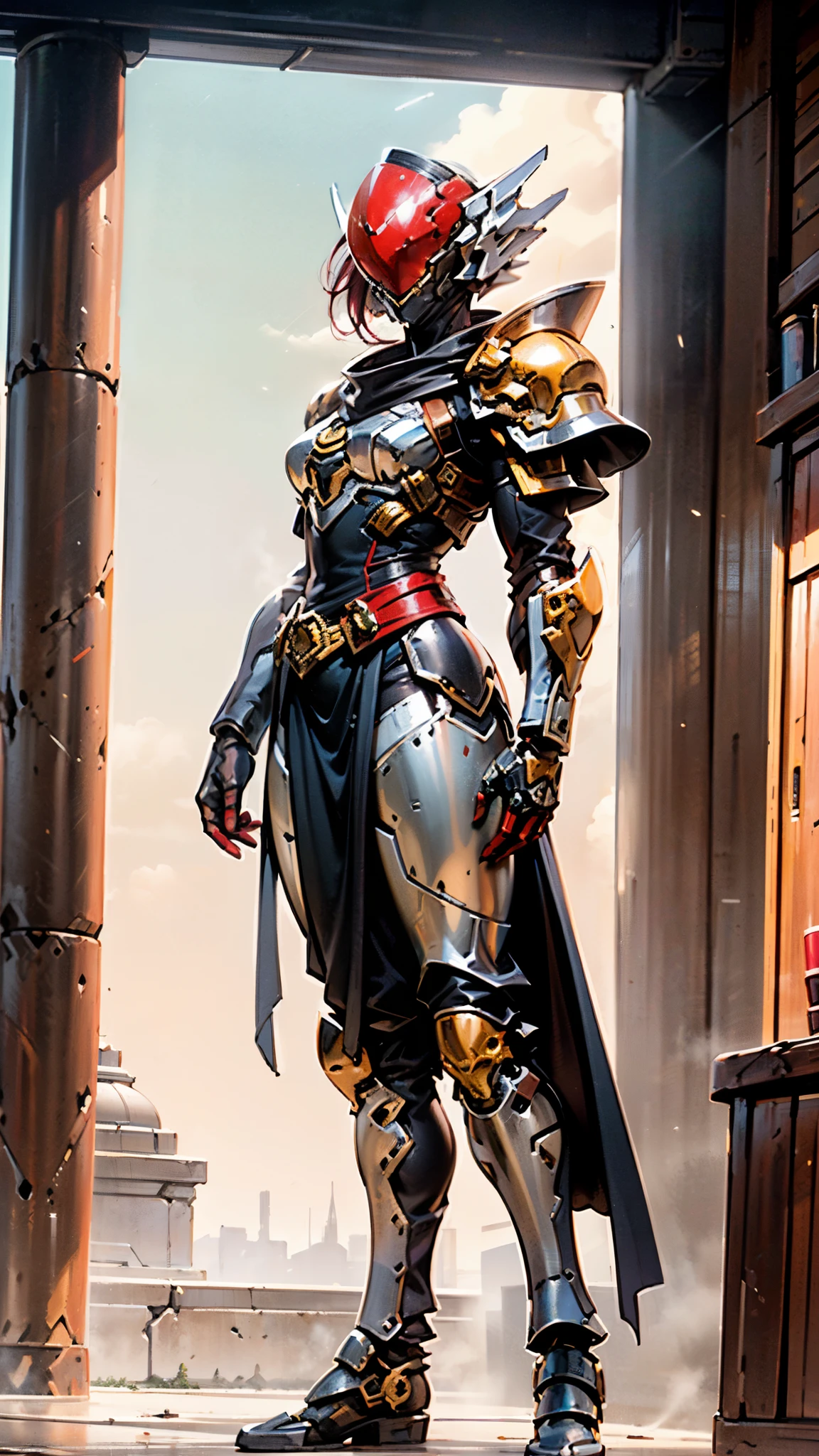 A woman adorned in fantasy-style full-body armor, a crown-concept fully enclosed helmet that unveils only her eyes, a composite layered chest plate, fully encompassing shoulder and hand guards, a lightweight waist armor, form-fitting shin guards, the overall design is heavy-duty yet flexible, ((the armor gleams with a golden glow, complemented by red and blue accents)), exhibiting a noble aura, she floats above a fantasy-surreal high-tech city, this character embodies a finely crafted fantasy-surreal style armored hero in anime style, exquisite and mature manga art style, (Queen bee mixed with Spider concept Armor, plasma, blood), ((Element, energy, elegant, goddess, femminine:1.5)), metallic, high definition, best quality, highres, ultra-detailed, ultra-fine painting, extremely delicate, professional, anatomically correct, symmetrical face, extremely detailed eyes and face, high quality eyes, creativity, RAW photo, UHD, 32k, Natural light, cinematic lighting, masterpiece-anatomy-perfect, masterpiece:1.5