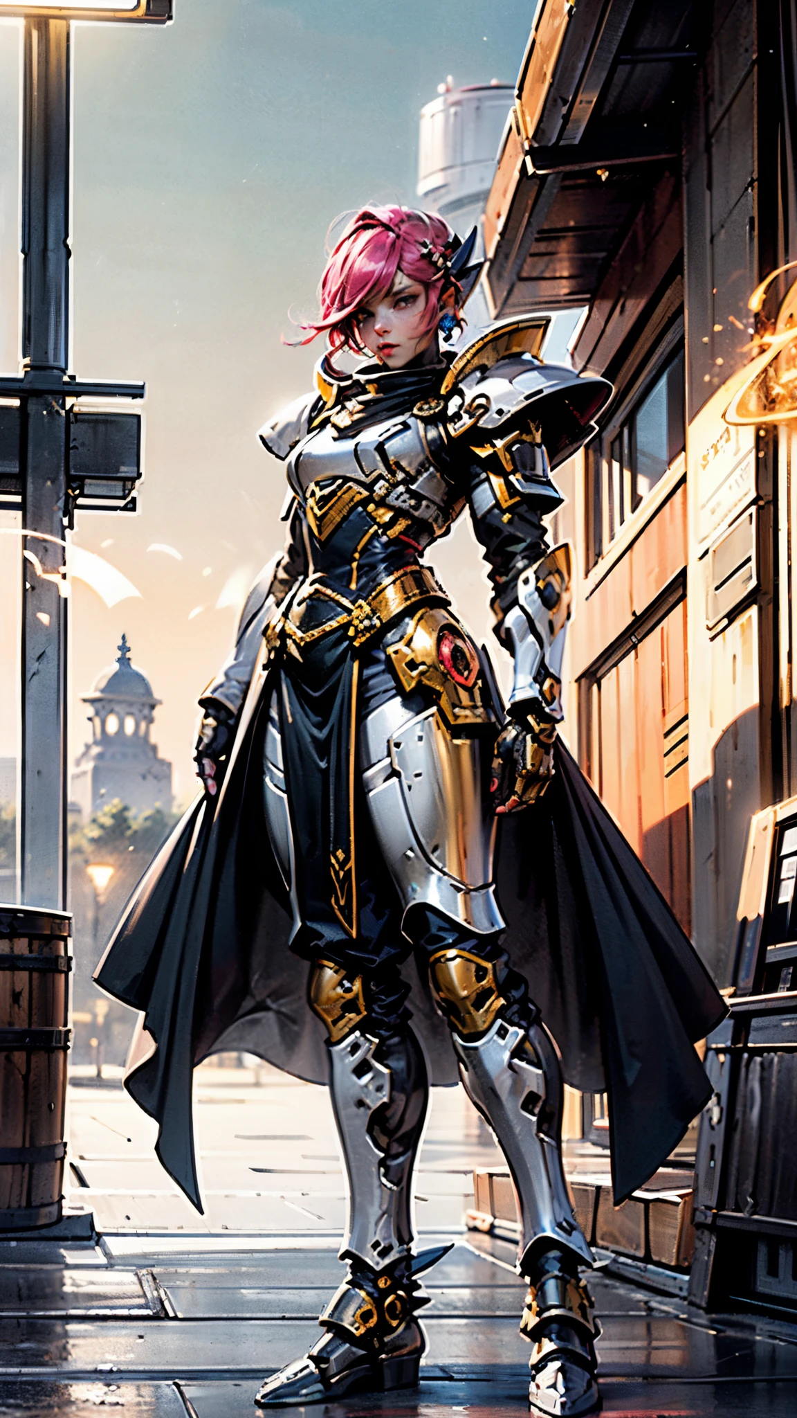 A woman adorned in fantasy-style full-body armor, a crown-concept fully enclosed helmet that unveils only her eyes, a composite layered chest plate, fully encompassing shoulder and hand guards, a lightweight waist armor, form-fitting shin guards, the overall design is heavy-duty yet flexible, ((the armor gleams with a golden glow, complemented by red and blue accents)), exhibiting a noble aura, she floats above a fantasy-surreal high-tech city, this character embodies a finely crafted fantasy-surreal style armored hero in anime style, exquisite and mature manga art style, (Queen bee mixed with Spider concept Armor, plasma, blood), ((Element, energy, elegant, goddess, femminine:1.5)), metallic, high definition, best quality, highres, ultra-detailed, ultra-fine painting, extremely delicate, professional, anatomically correct, symmetrical face, extremely detailed eyes and face, high quality eyes, creativity, RAW photo, UHD, 32k, Natural light, cinematic lighting, masterpiece-anatomy-perfect, masterpiece:1.5