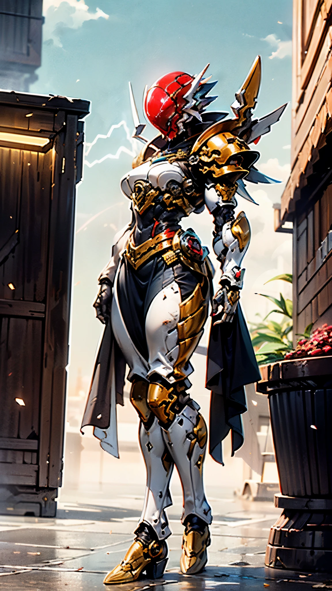 A woman adorned in fantasy-style full-body armor, a crown-concept fully enclosed helmet that unveils only her eyes, a composite layered chest plate, fully encompassing shoulder and hand guards, a lightweight waist armor, form-fitting shin guards, the overall design is heavy-duty yet flexible, ((the armor gleams with a golden glow, complemented by red and blue accents)), exhibiting a noble aura, she floats above a fantasy-surreal high-tech city, this character embodies a finely crafted fantasy-surreal style armored hero in anime style, exquisite and mature manga art style, (Queen bee mixed with Spider concept Armor, plasma, blood), ((Element, energy, elegant, goddess, femminine:1.5)), metallic, high definition, best quality, highres, ultra-detailed, ultra-fine painting, extremely delicate, professional, anatomically correct, symmetrical face, extremely detailed eyes and face, high quality eyes, creativity, RAW photo, UHD, 32k, Natural light, cinematic lighting, masterpiece-anatomy-perfect, masterpiece:1.5