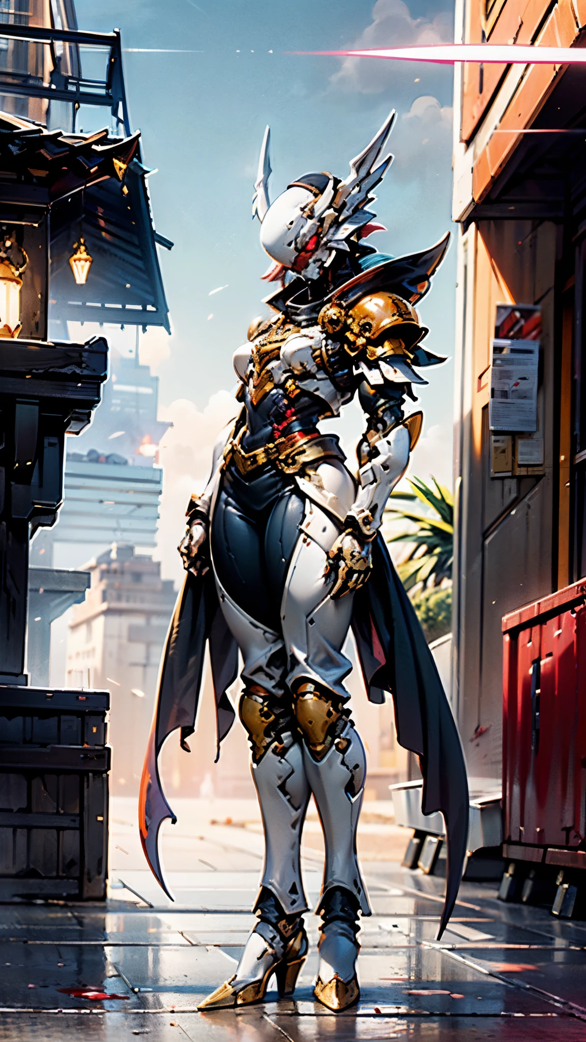 A woman adorned in fantasy-style full-body armor, a crown-concept fully enclosed helmet that unveils only her eyes, a composite layered chest plate, fully encompassing shoulder and hand guards, a lightweight waist armor, form-fitting shin guards, the overall design is heavy-duty yet flexible, ((the armor gleams with a golden glow, complemented by red and blue accents)), exhibiting a noble aura, she floats above a fantasy-surreal high-tech city, this character embodies a finely crafted fantasy-surreal style armored hero in anime style, exquisite and mature manga art style, (Queen bee mixed with Spider concept Armor, plasma, blood), ((Element, energy, elegant, goddess, femminine:1.5)), metallic, high definition, best quality, highres, ultra-detailed, ultra-fine painting, extremely delicate, professional, anatomically correct, symmetrical face, extremely detailed eyes and face, high quality eyes, creativity, RAW photo, UHD, 32k, Natural light, cinematic lighting, masterpiece-anatomy-perfect, masterpiece:1.5