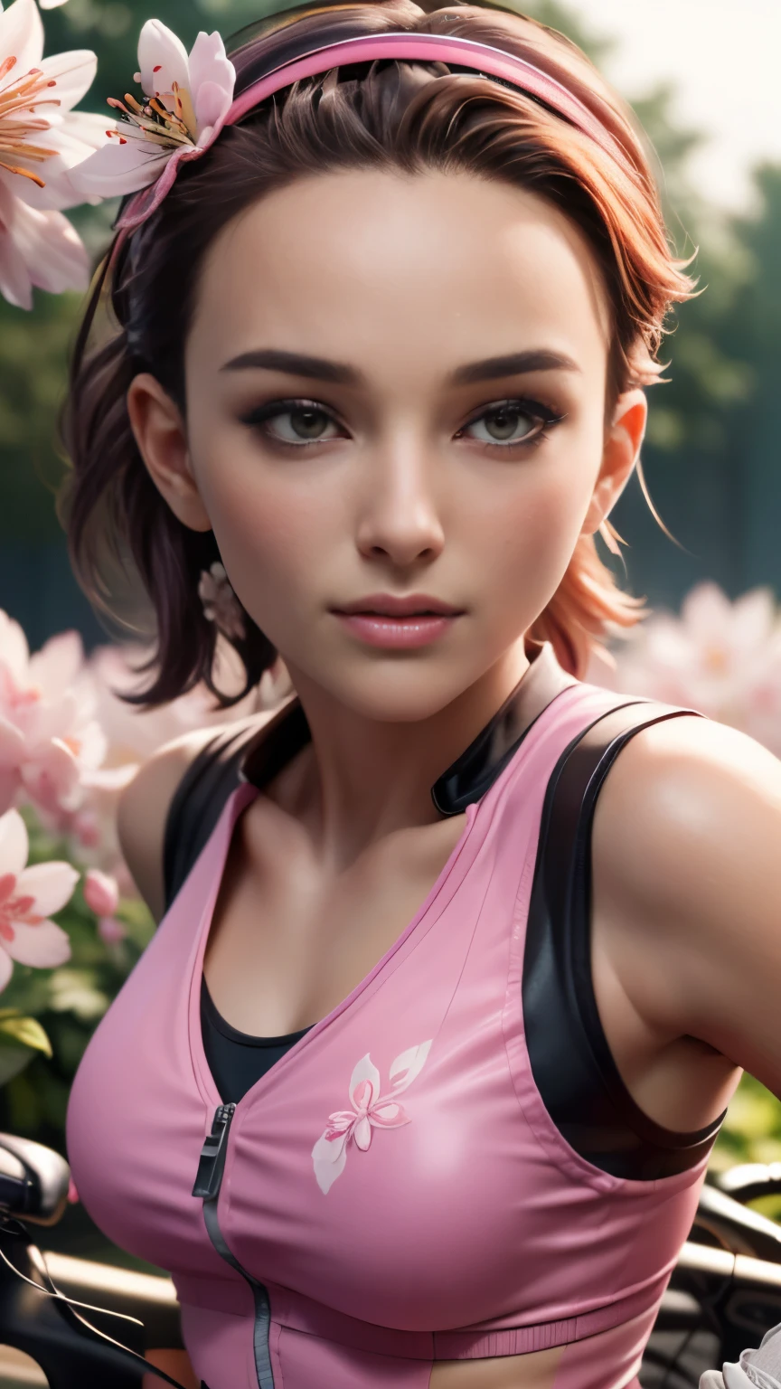 photo of celebrity, RAW, beautiful woman, ((portrait)), ((detailed face, colorful rainbow hair:1.2)), ((detailed facial feature, detailed skin, clear skin, parted lips), (perfect proportioned body, medium breasts, cleavage), (wearing Sakura cosplay, hairband, forehead protector, sleeveless shirt, gloves, bike shorts: 1.5)), (high detailed peaceful gardens，The garden is filled with pink and white flowers: 1.3), (realistic photo, best quality, detailed), (8k wallpaper), (cinematic lighting, dramatic lighting) (sharp focus, intricate)