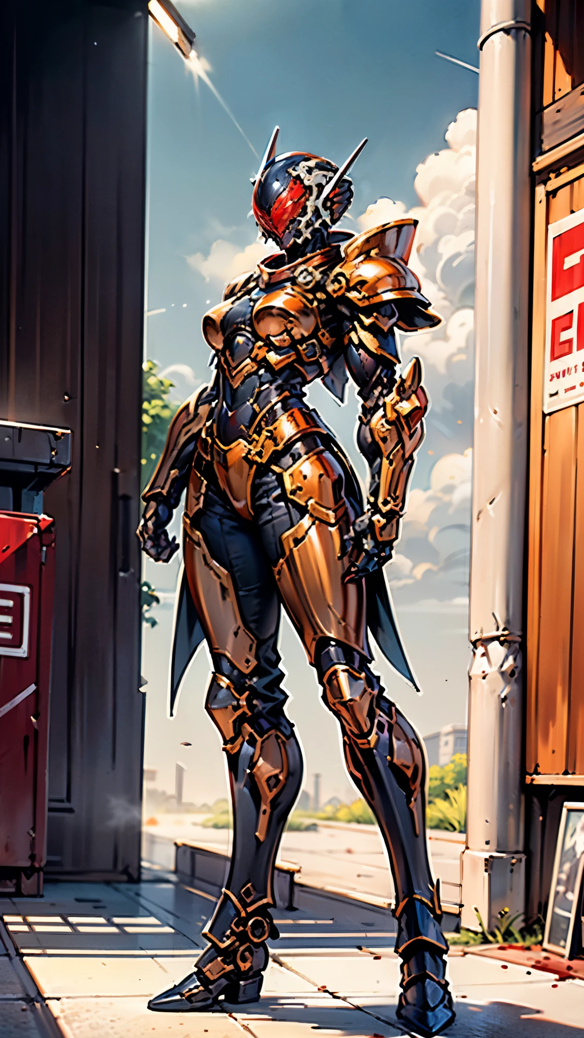 A woman adorned in fantasy-style full-body armor, a crown-concept fully enclosed helmet that unveils only her eyes, a composite layered chest plate, fully encompassing shoulder and hand guards, a lightweight waist armor, form-fitting shin guards, the overall design is heavy-duty yet flexible, ((the armor gleams with a golden glow, complemented by red and blue accents)), exhibiting a noble aura, she floats above a fantasy-surreal high-tech city, this character embodies a finely crafted fantasy-surreal style armored hero in anime style, exquisite and mature manga art style, (Queen bee mixed with Spider concept Armor, plasma, blood), ((Element, energy, elegant, goddess, femminine:1.5)), metallic, high definition, best quality, highres, ultra-detailed, ultra-fine painting, extremely delicate, professional, anatomically correct, symmetrical face, extremely detailed eyes and face, high quality eyes, creativity, RAW photo, UHD, 32k, Natural light, cinematic lighting, masterpiece-anatomy-perfect, masterpiece:1.5