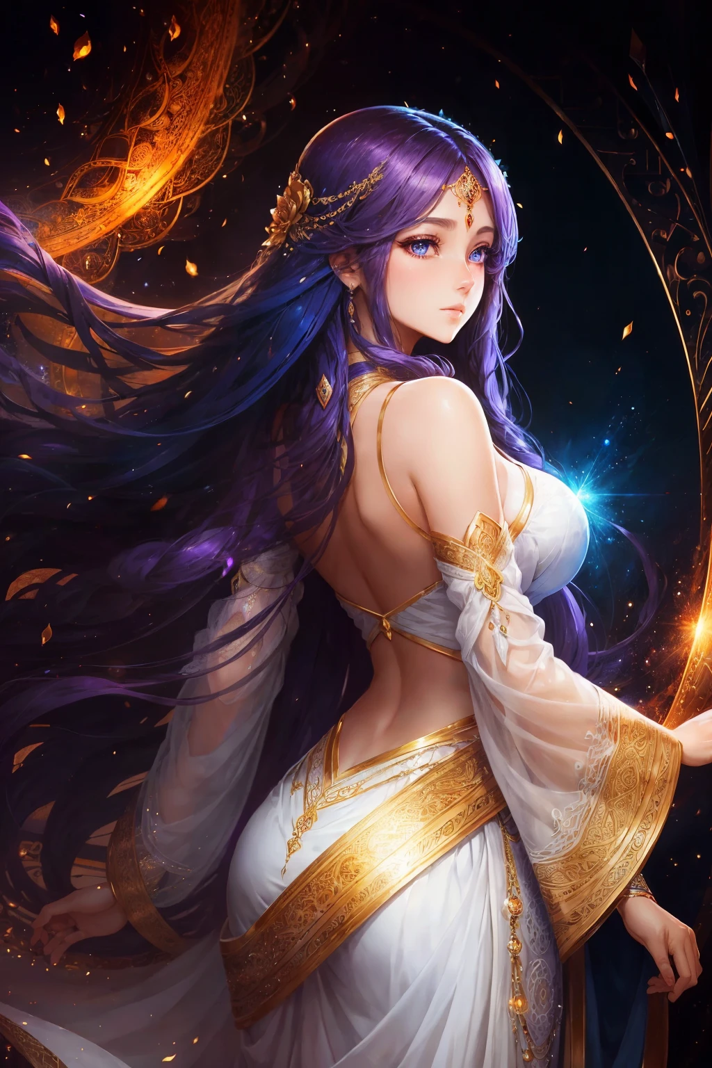In this stunning illustration of an anime girl, created with the utmost attention to detail and the highest quality, a captivating and mature woman takes center stage. Her long, flowing hair cascades down her back, gleaming with a golden sheen. The vibrant blue of her eyes shines with an otherworldly brilliance, hinting at the immense magic power that resides within her. Surrounding her is a mesmerizing magic circle, adorned in a radiant shade of purple, pulsating with mystical energy. The girl stands confidently, her white attire adorned with delicate accents of red, symbolizing both purity and a touch of fiery passion. Every aspect of this artwork, from the intricate lines to the masterfully executed shading, has been meticulously crafted to create a truly