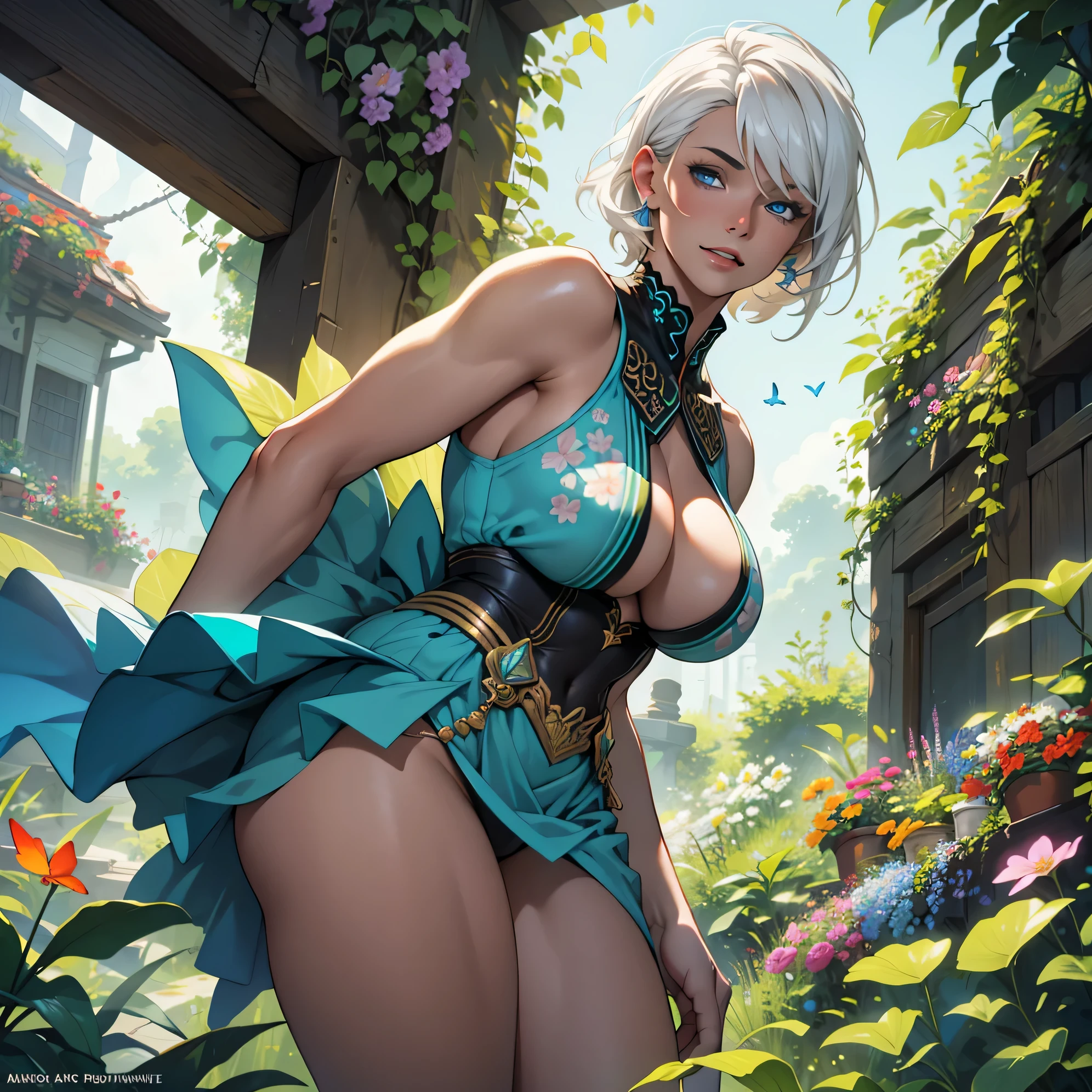 1girl,solo,short hair,blue eyes,white hair,muscular,abs,huge breasts,thick thighs,looking at viewer,pale skin,cleavage,huge ass,from below,illustration,ultra-detailed,realistic,vivid colors,studio lighting,wild garden,flowers in bloom,on a sunny day,carefree expression,playful pose,romantic atmosphere,vibrant background,fragrant scent,lush greenery,butterflies flying,hummingbirds fluttering,gentle breeze,female empowerment,fantasy vibes,artistic interpretation,colorful palette,soft lighting,masterpiece:1.2.