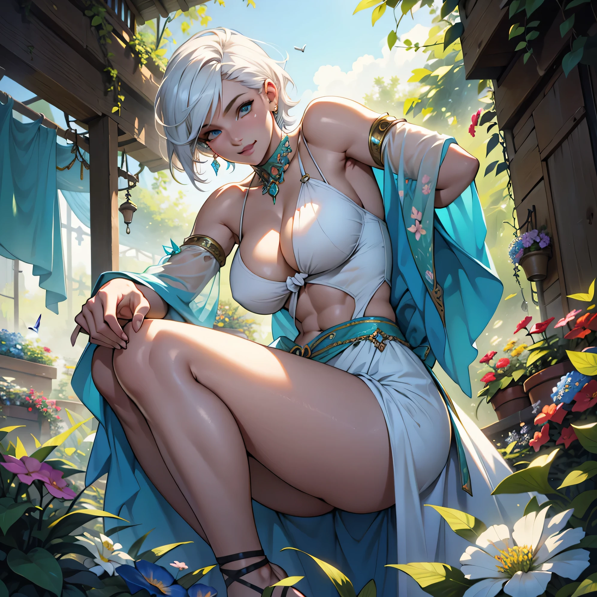 1girl,solo,short hair,blue eyes,white hair,muscular,abs,huge breasts,thick thighs,looking at viewer,pale skin,cleavage,huge ass,from below,illustration,ultra-detailed,realistic,vivid colors,studio lighting,wild garden,flowers in bloom,on a sunny day,carefree expression,playful pose,romantic atmosphere,vibrant background,fragrant scent,lush greenery,butterflies flying,hummingbirds fluttering,gentle breeze,female empowerment,fantasy vibes,artistic interpretation,colorful palette,soft lighting,masterpiece:1.2.