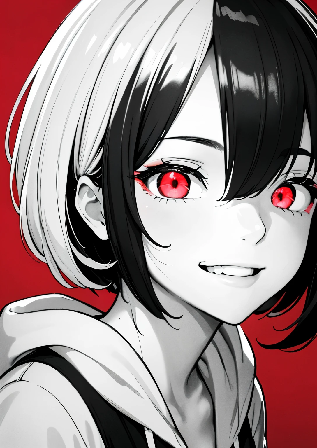 best quality, masterpiece,4k 8k wallpaper, 1girl, shorthair, hairpin, hoodie, (((closeup photo))),  (((Monochrome:1))), red background, ((looking smile)), looking at viewer, glowing eyes, glow eyes, halfbody