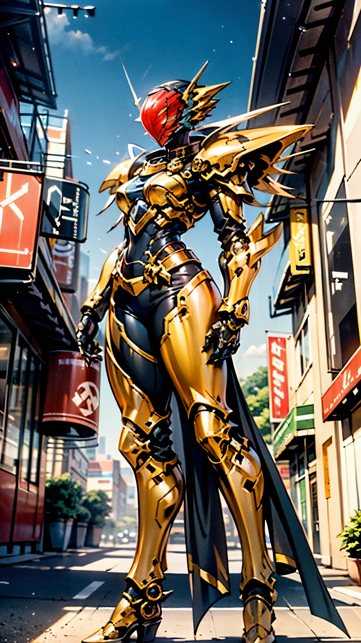 A woman adorned in fantasy-style full-body armor, a crown-concept fully enclosed helmet that unveils only her eyes, a composite layered chest plate, fully encompassing shoulder and hand guards, a lightweight waist armor, form-fitting shin guards, the overall design is heavy-duty yet flexible, ((the armor gleams with a golden glow, complemented by red and blue accents)), exhibiting a noble aura, she floats above a fantasy-surreal high-tech city, this character embodies a finely crafted fantasy-surreal style armored hero in anime style, exquisite and mature manga art style, (Queen bee mixed with Spider concept Armor, plasma, blood), ((Element, energy, elegant, goddess, femminine:1.5)), metallic, high definition, best quality, highres, ultra-detailed, ultra-fine painting, extremely delicate, professional, anatomically correct, symmetrical face, extremely detailed eyes and face, high quality eyes, creativity, RAW photo, UHD, 32k, Natural light, cinematic lighting, masterpiece-anatomy-perfect, masterpiece:1.5