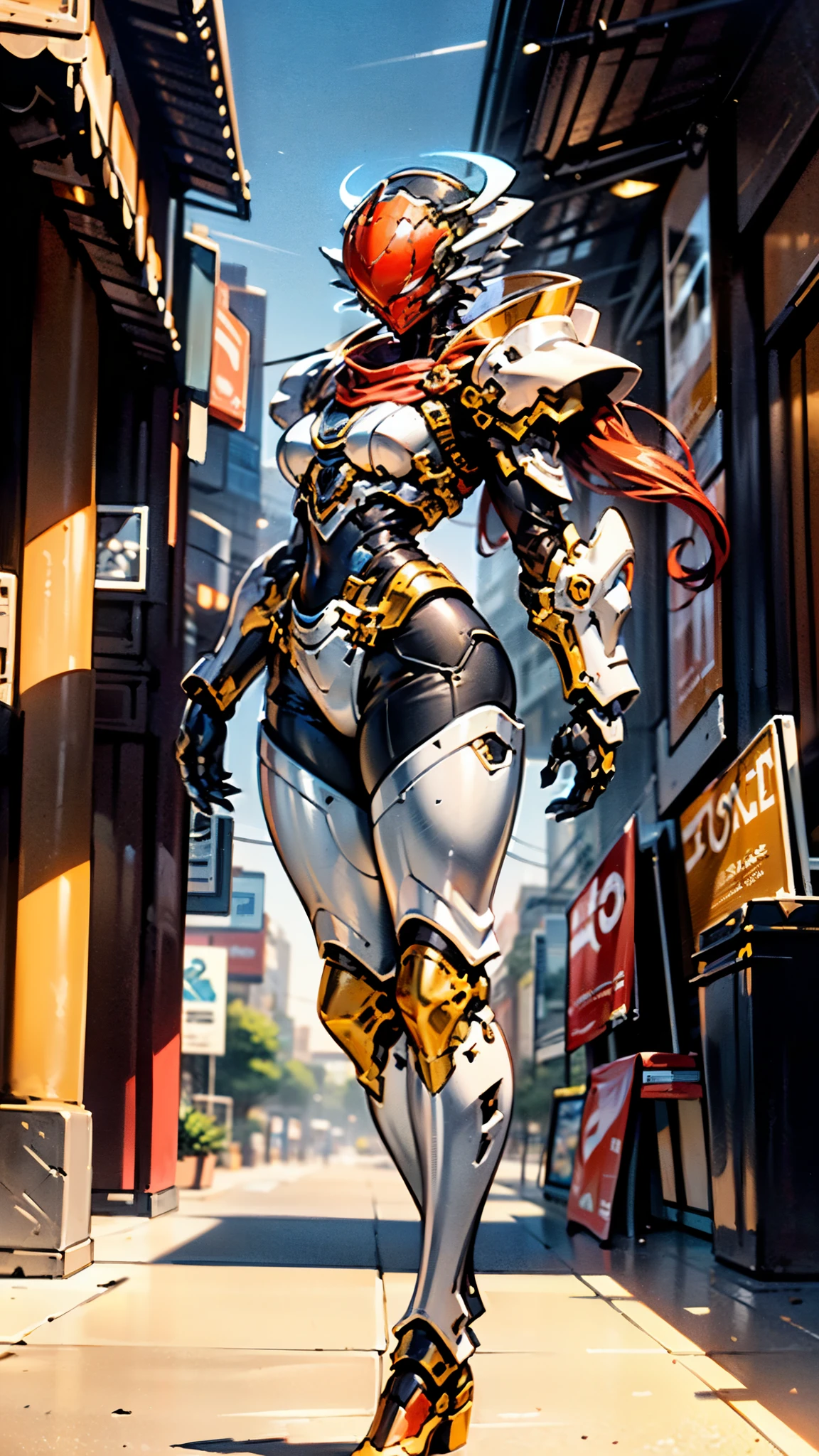 A woman adorned in fantasy-style full-body armor, a crown-concept fully enclosed helmet that unveils only her eyes, a composite layered chest plate, fully encompassing shoulder and hand guards, a lightweight waist armor, form-fitting shin guards, the overall design is heavy-duty yet flexible, ((the armor gleams with a golden glow, complemented by red and blue accents)), exhibiting a noble aura, she floats above a fantasy-surreal high-tech city, this character embodies a finely crafted fantasy-surreal style armored hero in anime style, exquisite and mature manga art style, (Queen bee mixed with Spider concept Armor, plasma, blood), ((Element, energy, elegant, goddess, femminine:1.5)), metallic, high definition, best quality, highres, ultra-detailed, ultra-fine painting, extremely delicate, professional, anatomically correct, symmetrical face, extremely detailed eyes and face, high quality eyes, creativity, RAW photo, UHD, 32k, Natural light, cinematic lighting, masterpiece-anatomy-perfect, masterpiece:1.5