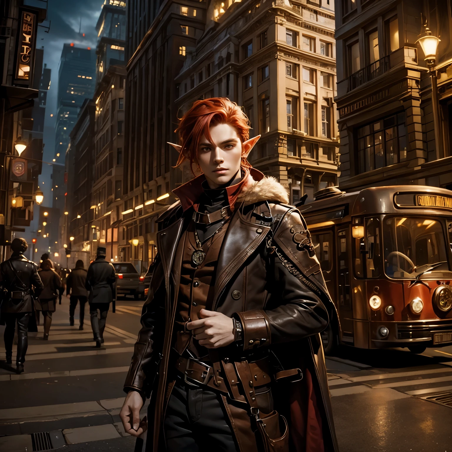 man, male, young, boy, red hair, brown eyes, elf, steampunk,alone, city