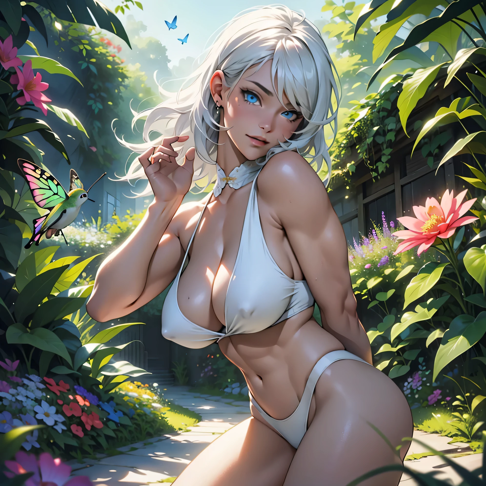 1girl,solo,short hair,blue eyes,white hair,muscular,abs,huge breasts,thick thighs,looking at viewer,pale skin,cleavage,huge ass,from below,illustration,ultra-detailed,realistic,vivid colors,studio lighting,wild garden,flowers in bloom,on a sunny day,carefree expression,playful pose,romantic atmosphere,vibrant background,fragrant scent,lush greenery,butterflies flying,hummingbirds fluttering,gentle breeze,female empowerment,fantasy vibes,artistic interpretation,colorful palette,soft lighting,masterpiece:1.2.