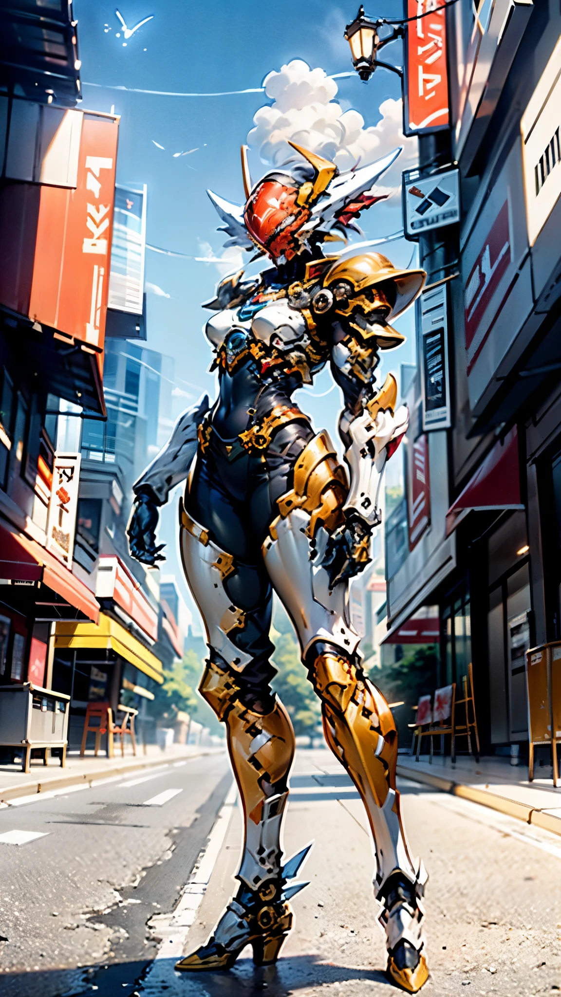 A woman adorned in fantasy-style full-body armor, a crown-concept fully enclosed helmet that unveils only her eyes, a composite layered chest plate, fully encompassing shoulder and hand guards, a lightweight waist armor, form-fitting shin guards, the overall design is heavy-duty yet flexible, ((the armor gleams with a golden glow, complemented by red and blue accents)), exhibiting a noble aura, she floats above a fantasy-surreal high-tech city, this character embodies a finely crafted fantasy-surreal style armored hero in anime style, exquisite and mature manga art style, (Queen bee mixed with Spider concept Armor, plasma, blood), ((Element, energy, elegant, goddess, femminine:1.5)), metallic, high definition, best quality, highres, ultra-detailed, ultra-fine painting, extremely delicate, professional, anatomically correct, symmetrical face, extremely detailed eyes and face, high quality eyes, creativity, RAW photo, UHD, 32k, Natural light, cinematic lighting, masterpiece-anatomy-perfect, masterpiece:1.5