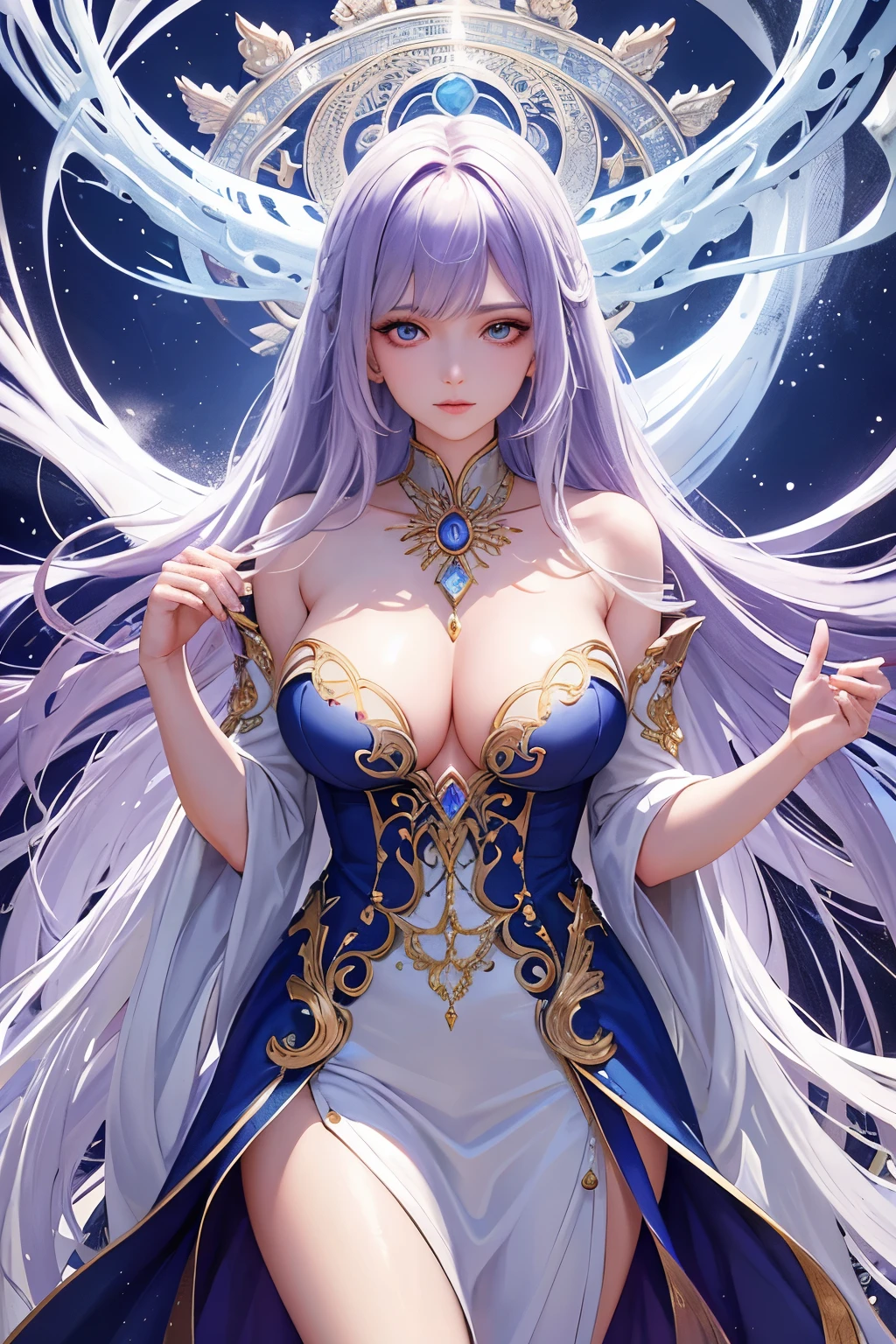 A stunning digital illustration portraying a mesmerizing anime girl with the pinnacle of quality, boasting intricate details and a flawless resolution. Her luscious, flowing locks cascade down her back, accentuating her magical aura. The focal point of the artwork is a resplendent magic circle, adorned in a captivating shade of purple, emanating an enchanting glow. With piercing sapphire eyes that mirror the vastness of the ocean, she exudes a sense of wisdom and maturity. Clad in a pristine white ensemble, delicately embellished with hints of vibrant red, she embodies grace and elegance. Crafted with utmost precision, this artwork truly brings to life the essence of a powerful woman exuding magical prowess. Immerse yourself in the highest quality
