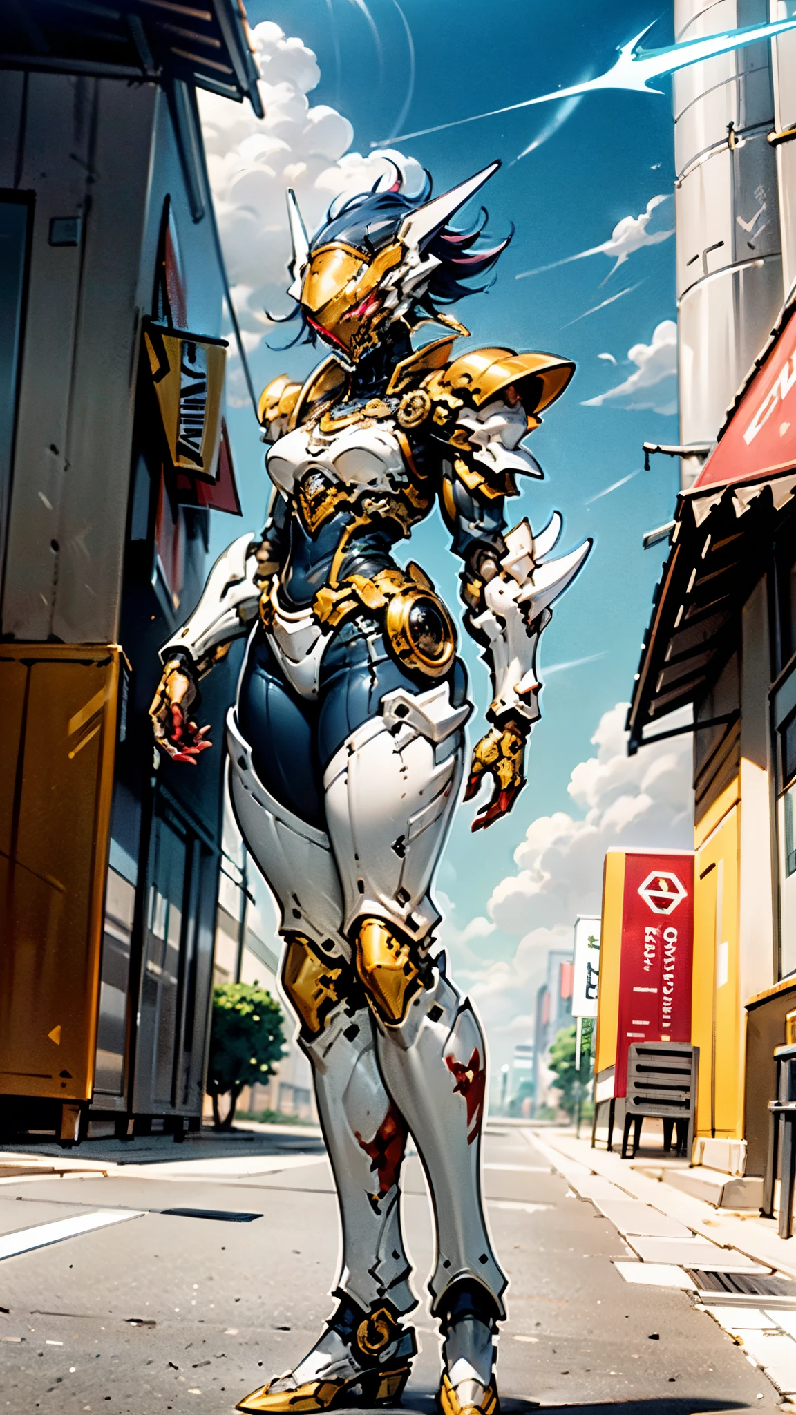 A woman adorned in fantasy-style full-body armor, a crown-concept fully enclosed helmet that unveils only her eyes, a composite layered chest plate, fully encompassing shoulder and hand guards, a lightweight waist armor, form-fitting shin guards, the overall design is heavy-duty yet flexible, ((the armor gleams with a golden glow, complemented by red and blue accents)), exhibiting a noble aura, she floats above a fantasy-surreal high-tech city, this character embodies a finely crafted fantasy-surreal style armored hero in anime style, exquisite and mature manga art style, (Queen bee mixed with Spider concept Armor, plasma, blood), ((Element, energy, elegant, goddess, femminine:1.5)), metallic, high definition, best quality, highres, ultra-detailed, ultra-fine painting, extremely delicate, professional, anatomically correct, symmetrical face, extremely detailed eyes and face, high quality eyes, creativity, RAW photo, UHD, 32k, Natural light, cinematic lighting, masterpiece-anatomy-perfect, masterpiece:1.5