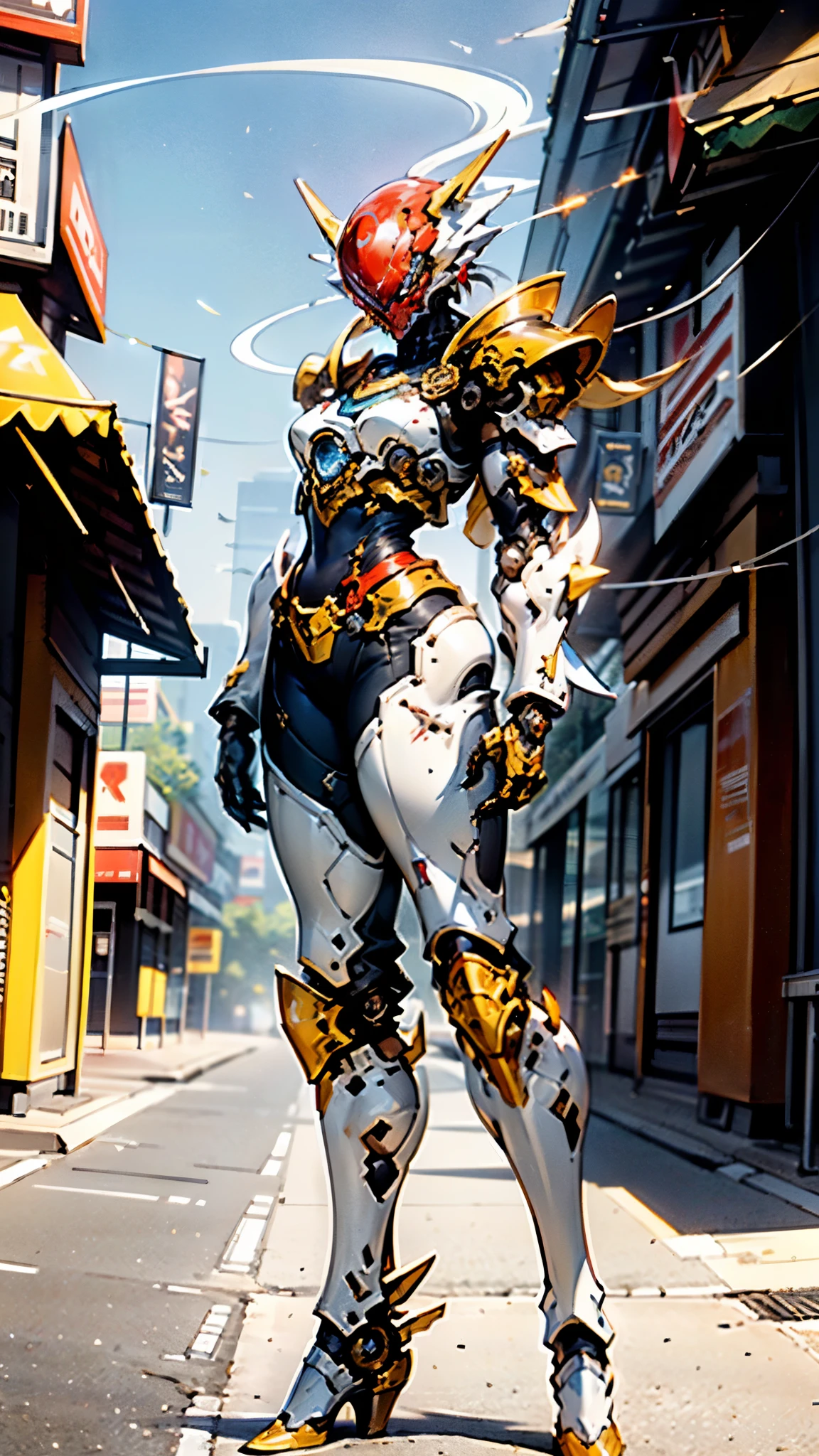 A woman adorned in fantasy-style full-body armor, a crown-concept fully enclosed helmet that unveils only her eyes, a composite layered chest plate, fully encompassing shoulder and hand guards, a lightweight waist armor, form-fitting shin guards, the overall design is heavy-duty yet flexible, ((the armor gleams with a golden glow, complemented by red and blue accents)), exhibiting a noble aura, she floats above a fantasy-surreal high-tech city, this character embodies a finely crafted fantasy-surreal style armored hero in anime style, exquisite and mature manga art style, (Queen bee mixed with Spider concept Armor, plasma, blood), ((Element, energy, elegant, goddess, femminine:1.5)), metallic, high definition, best quality, highres, ultra-detailed, ultra-fine painting, extremely delicate, professional, anatomically correct, symmetrical face, extremely detailed eyes and face, high quality eyes, creativity, RAW photo, UHD, 32k, Natural light, cinematic lighting, masterpiece-anatomy-perfect, masterpiece:1.5