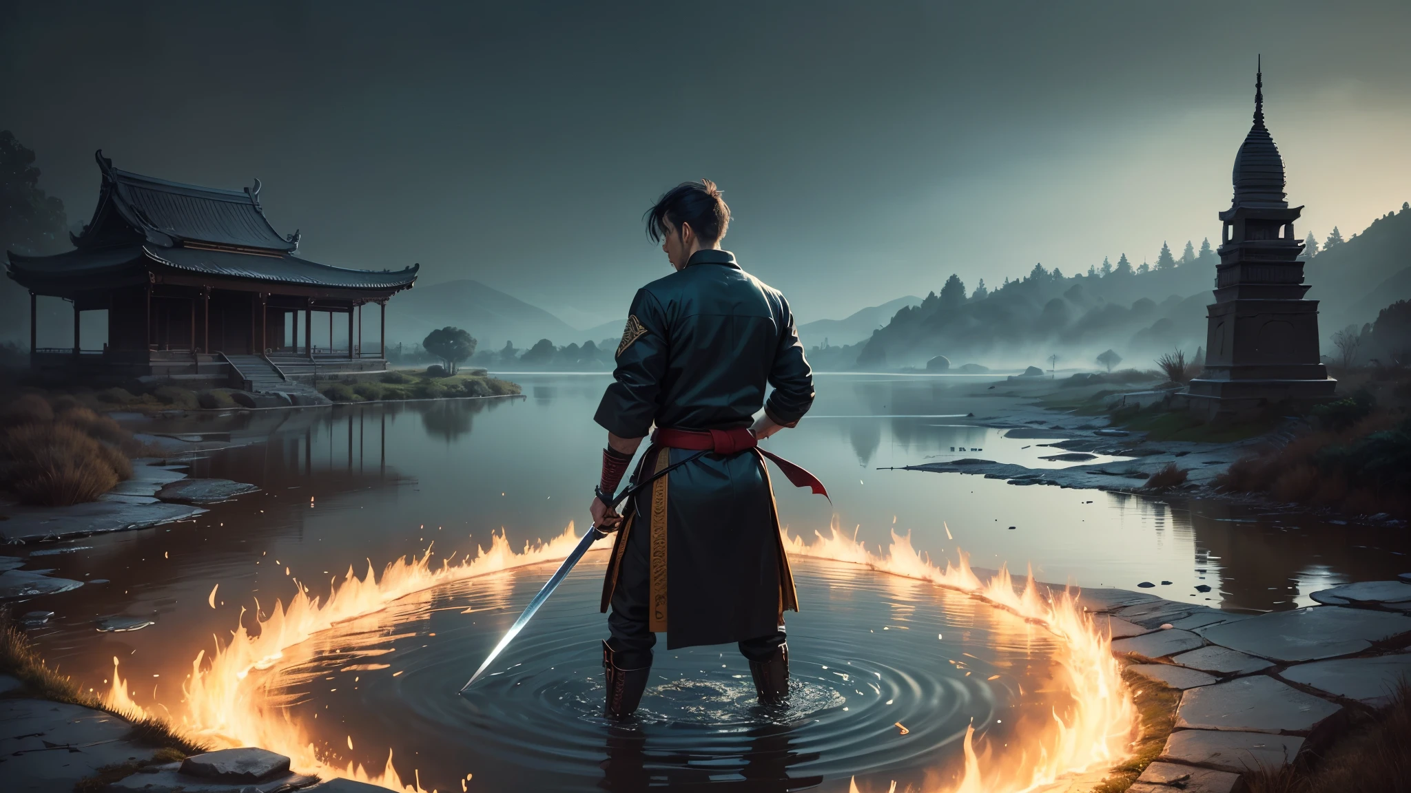 A man, ink style, sense of rivers and lakes, martial arts master, temple, bluestone path, long sword, ancient scripture, pond, lotus, ancient style, desolate, mysterious, historical heritage, pyrotechnics, elegant.