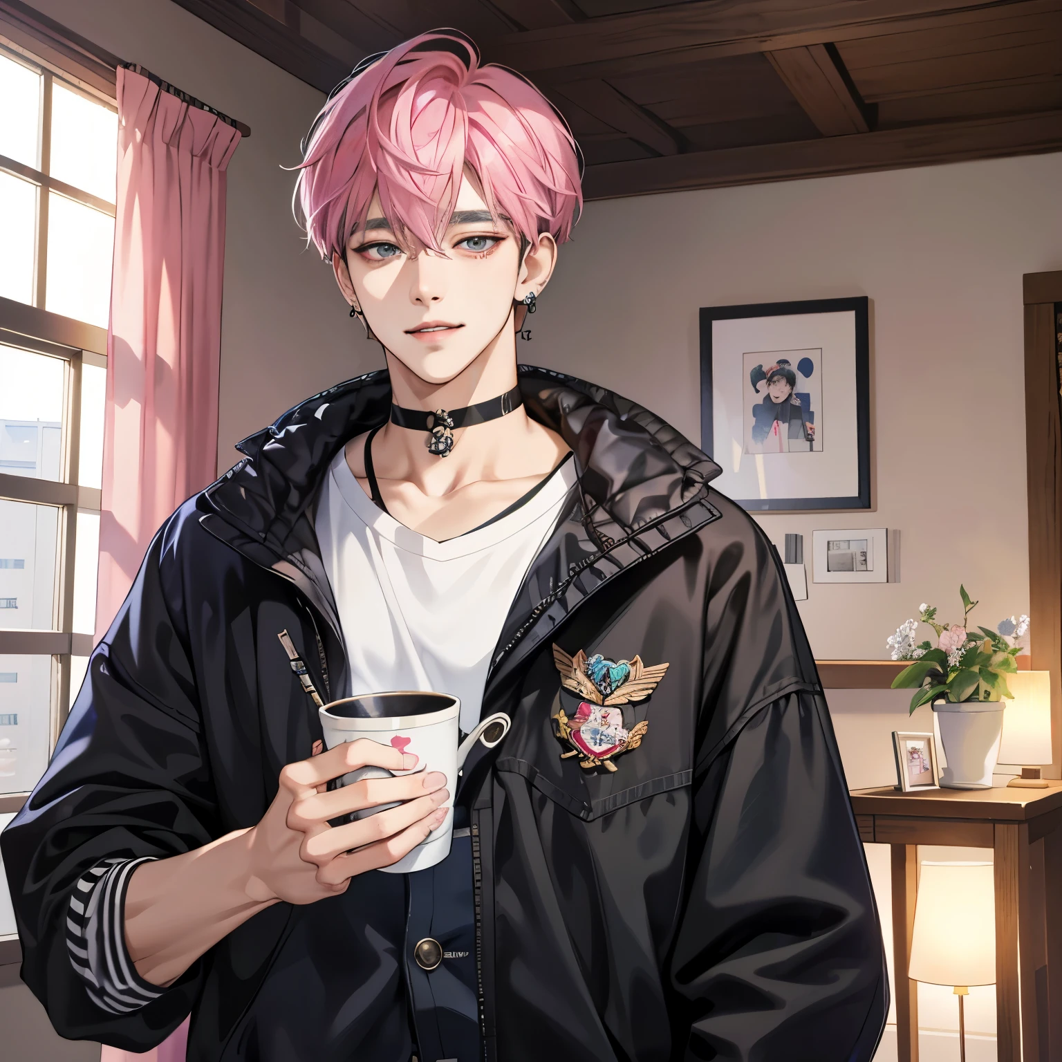 Gouvys style artwork, anime realism style, realistic anime art style, Inspired by Kim Taehyung, in anime style, anime handsome man, dark pink hair、A sluggish smile、choker、multiple piercings、short hair man、One man、gray eyes、room、暖かいroom、hold a hot drink in both hands、upward glance、multiple piercings、Room wear、upward glanceでこちらを見上げる、relaxed atmosphere、Inspired by Kim Taehyung、calm atmosphere