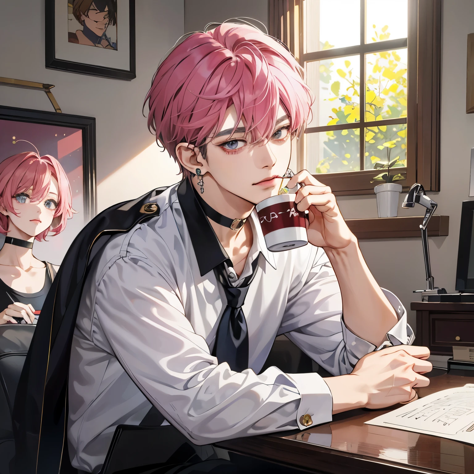 Gouvys style artwork,  anime realism style, realistic anime art style, Inspired by Kim Taehyung, in anime style, anime handsome man, dark pink hair、A sluggish smile、choker、multiple piercings、short hair man、One man、gray eyes、room、暖かいroom、hold a hot drink in both hands、upward glance、multiple piercings、Room wear、upward glanceでこちらを見上げる、relaxed atmosphere、Inspired by Kim Taehyung、calm atmosphere