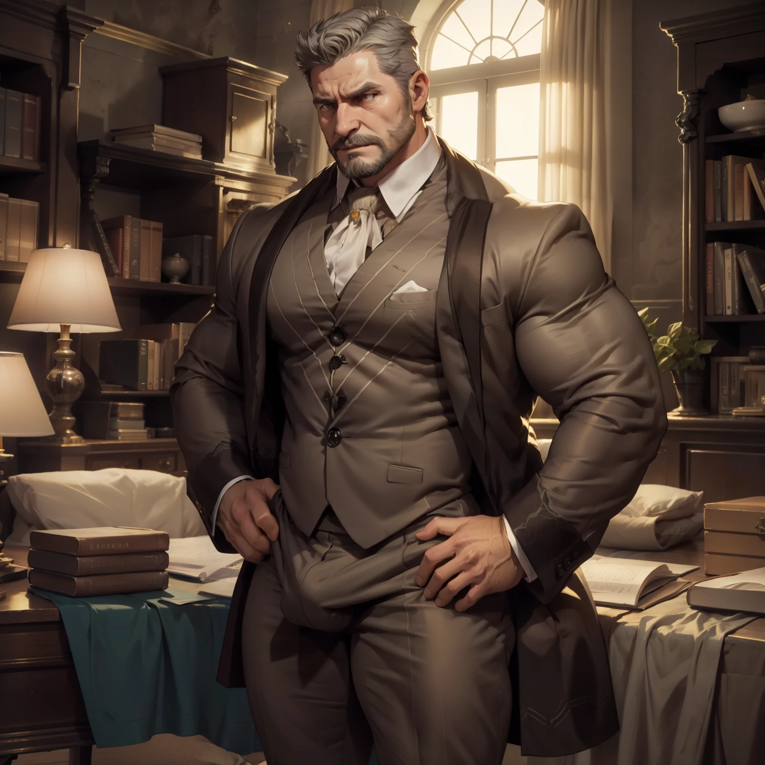 Muscular businessman, lascivo, imponente, 60 anos, massive pec, Vista lateral, corpo inteiro, olhos de cor azuis, grey short hair , thick long grey beard, peitorais largos, peitorais enornes, hair chest, he's in his room, Thick Thighs, he is very angry, his wearing a tight grey formal shirt, huge protrusion in the crotch, wearing a tight formal pants, big bulge, Obra-prima maravilhosa altamente detalhada, beautiful cinematic light deep focus, elegante, Pintura digital, sementes, sharp focus, golden ratio, dramatic lighting, 8k