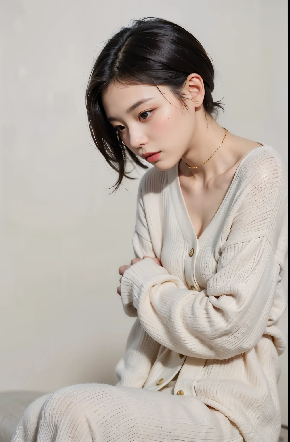 (Best quality, 8k, 32k, Masterpiece, UHD:1.2) "Generate a captivating artwork featuring a young Japanese girl model with short, sleek black hair styled in a chic bob haircut. Envision her bathed in dramatic cinematic lighting, creating an atmosphere of allure and mystery. Emphasize a romantic aesthetic vibe, showcasing the model in a poised and elegant pose that evokes a sense of intimacy and sophistication. Utilize warm and soft tones to enhance the romantic ambiance, and consider incorporating elements like flowing fabrics or flowers to add a touch of ethereal beauty. Capture the essence of romance and beauty through the model's expression, the play of light and shadows, and the overall aesthetic, creating a visually compelling and emotionally resonant piece." (perfect eyes), flawless skin, flawless face, cinematic, tight body, ((well-proportion female hands)), ((female hands with five digits)) ((Body is well proportioned)), ((chic bob haircut)), 