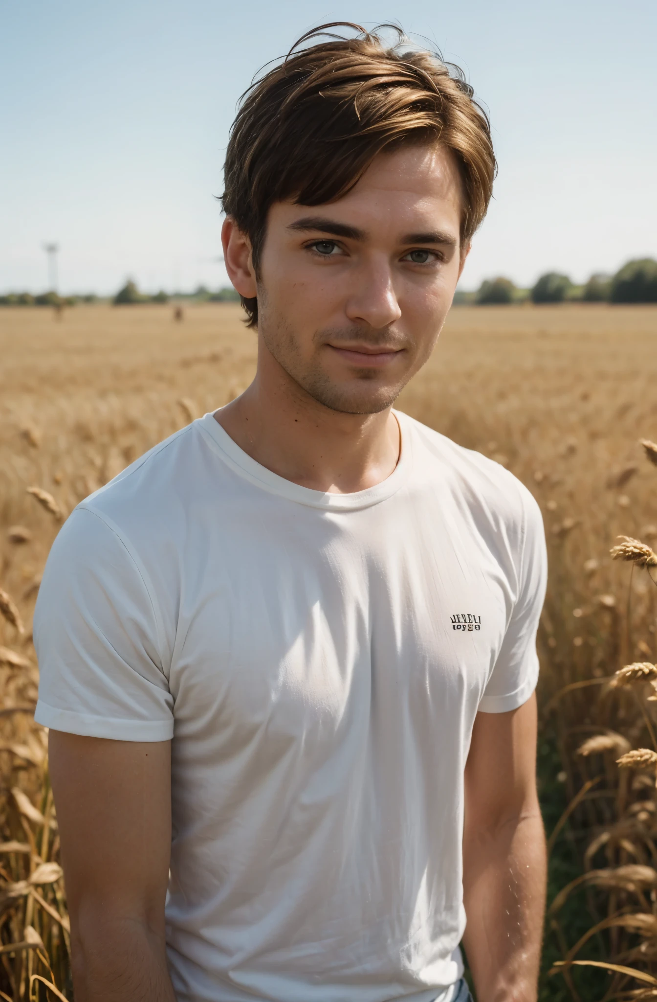 (best quality,realistic,ultra-detailed:1.2),portrait,happy man,28 years old,brown light eyes,red short hair,top model,white shirt,1970's,vibrant sunny day,field of cereals,realistic eyes,handsome man