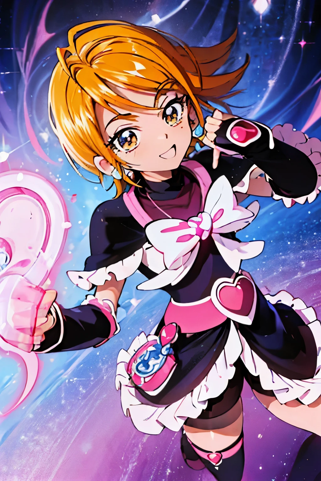 (masterpiece, top quality, best quality, official art, beautiful and aesthetic:1.2), (1girl:1.3), (fractal art:1.3),absurd, masterpiece, best quality, realistic, hyper-detailed, (shiny skin, highly detailed skin), looking at viewer, slender, 1girl, solo, (cure black precure), dynamic lighting, high resolution, sharp focus, depth of field, magical girl, masterpiece, best quality, ultra-detailed, illustration, ultra-detailed face, best quality face, dynamic pose