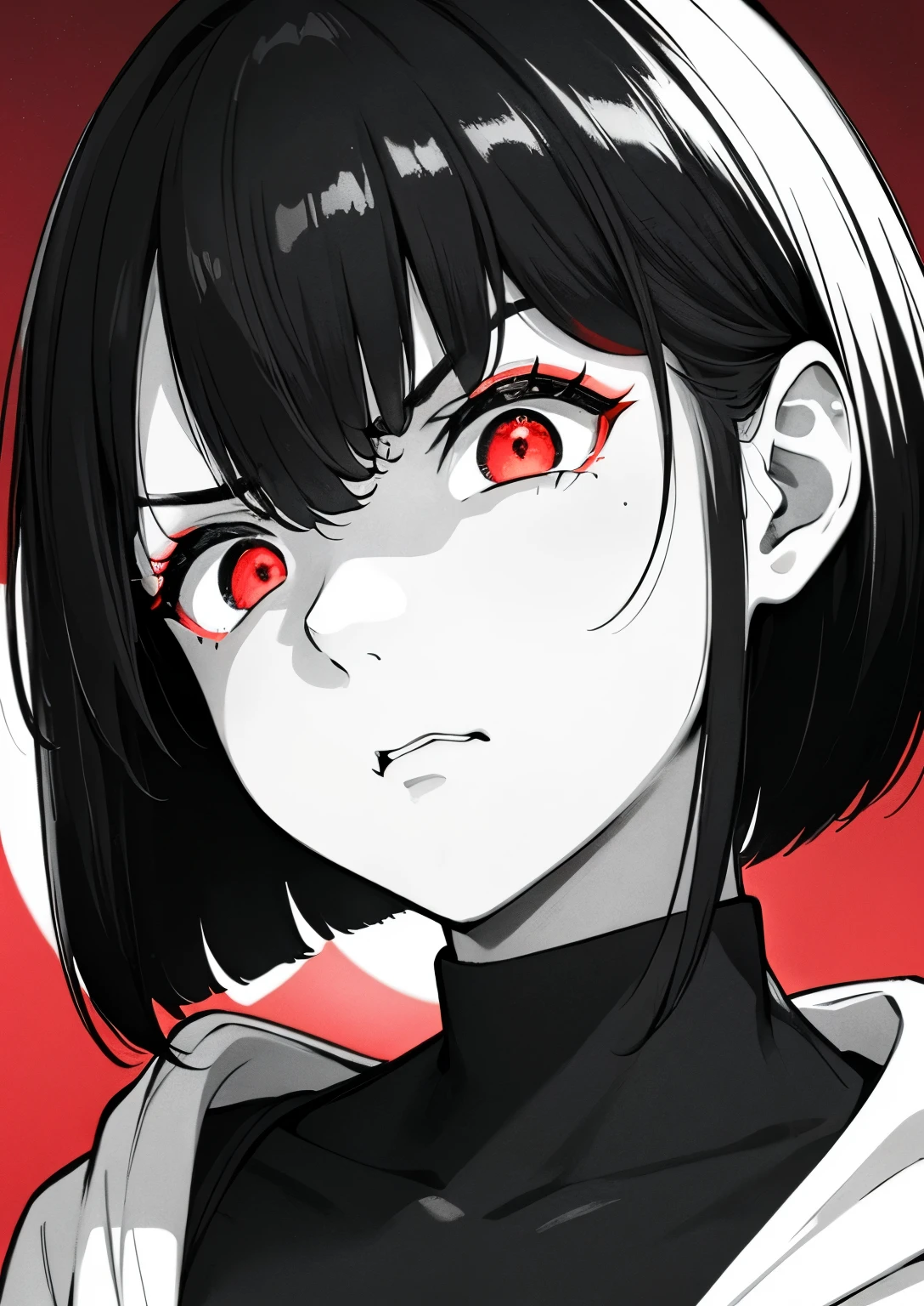best quality, masterpiece,4k 8k wallpaper, 1girl, shorthair, hairpin, hoodie, (((closeup photo))),  (((Monochrome:1))), red background, ((looking disgusted)), looking at viewer, glowing eyes, glow eyes, halfbody
