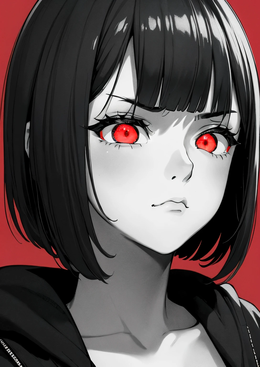 best quality, masterpiece,4k 8k wallpaper, 1girl, shorthair, hairpin, hoodie, (((closeup photo))),  (((Monochrome:1))), red background, ((looking disgusted)), looking at viewer, glowing eyes, glow eyes, halfbody