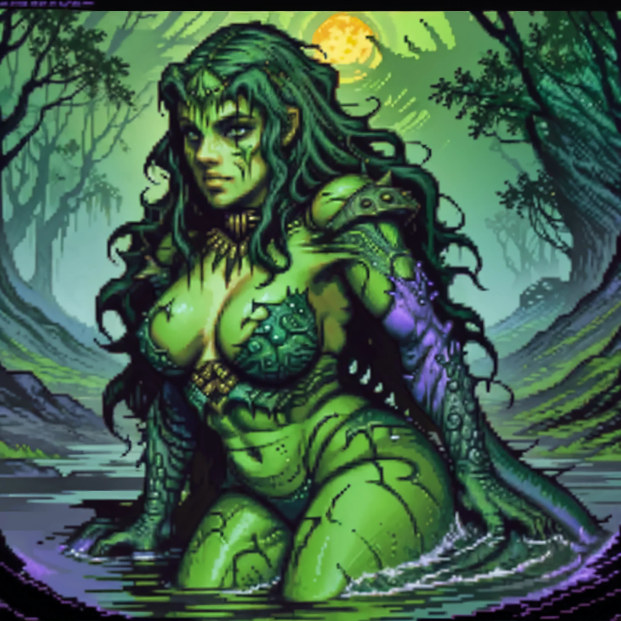 One girl, beautiful bbw girl, chubby girl, Water Monster Girl, Black Lagoon Monster Head, Creature from the Head of the Black Lagoon, green skin, whole body, naked girl, gills on the neck, Fish Skin, Swamp background, Russian forest background, girl standing in the swamp, purple fog, VHS interference, 70s style photo, sci-fi art style, Psychedelic colors, dark fantasy, Luis Royo Style