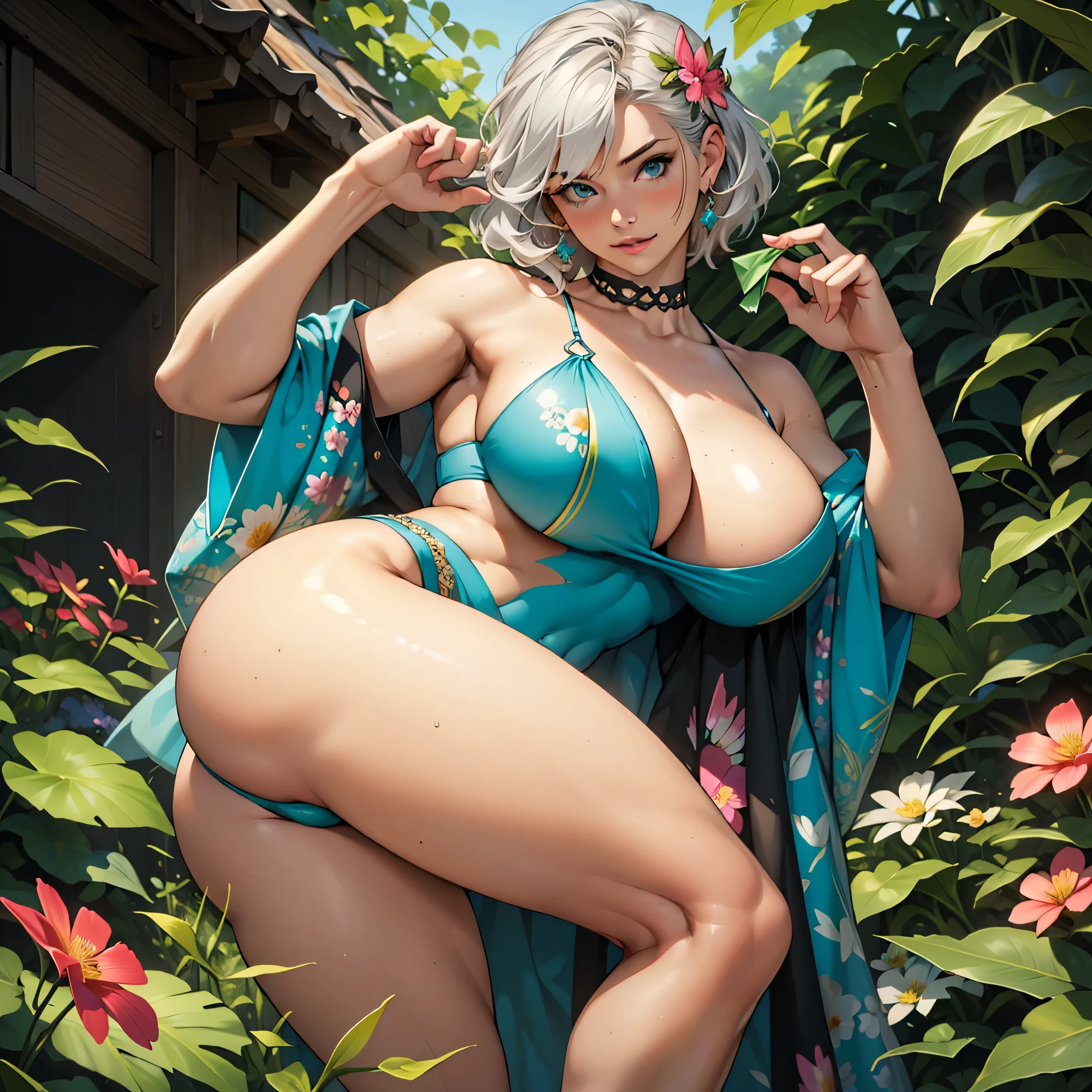 1girl,solo,short hair,blue eyes,white hair,muscular,abs,huge breasts,thick thighs,looking at viewer,pale skin,cleavage,huge ass,from below,illustration,ultra-detailed,realistic,vivid colors,studio lighting,wild garden,flowers in bloom,on a sunny day,carefree expression,playful pose,romantic atmosphere,vibrant background,fragrant scent,lush greenery,butterflies flying,hummingbirds fluttering,gentle breeze,female empowerment,fantasy vibes,artistic interpretation,colorful palette,soft lighting,masterpiece:1.2.