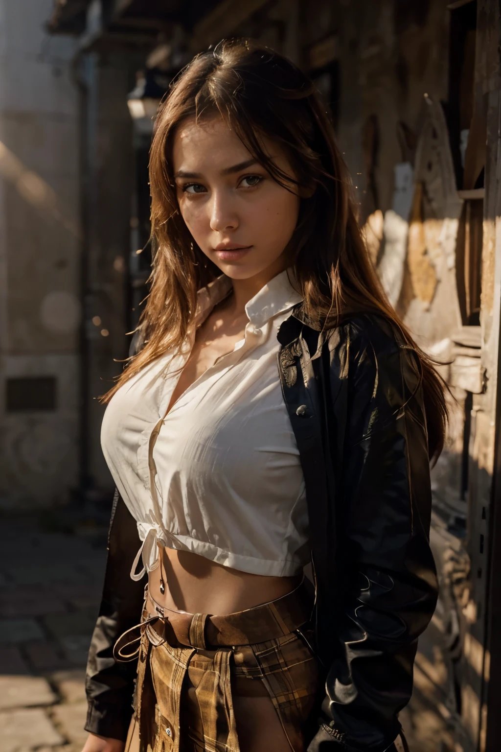 1girl, intricate detail, masterpiece, best quality, extremly detailed,cinematic lighting, beautiful detailed glow, finely detailed beautiful face and eyes, 8k, dark intense shadows, yellow eyes, medium hair, dark hair, bangs, floating hair, black jacket, open jacket, white shirt, expressionless, yellow necktie, black skirt, spotlight, sunshine, sunrise, gradient sky, city, lens flare, cowboy shot, [[curvy]], [mature female], portrait sophie mudd, thick neck, 19 year old female model, latina, angelawhite, violet myers, 22 years old, 21 years old, profile image, italian, italian latina, Alycia Debnam-Carey, hazel eyes,