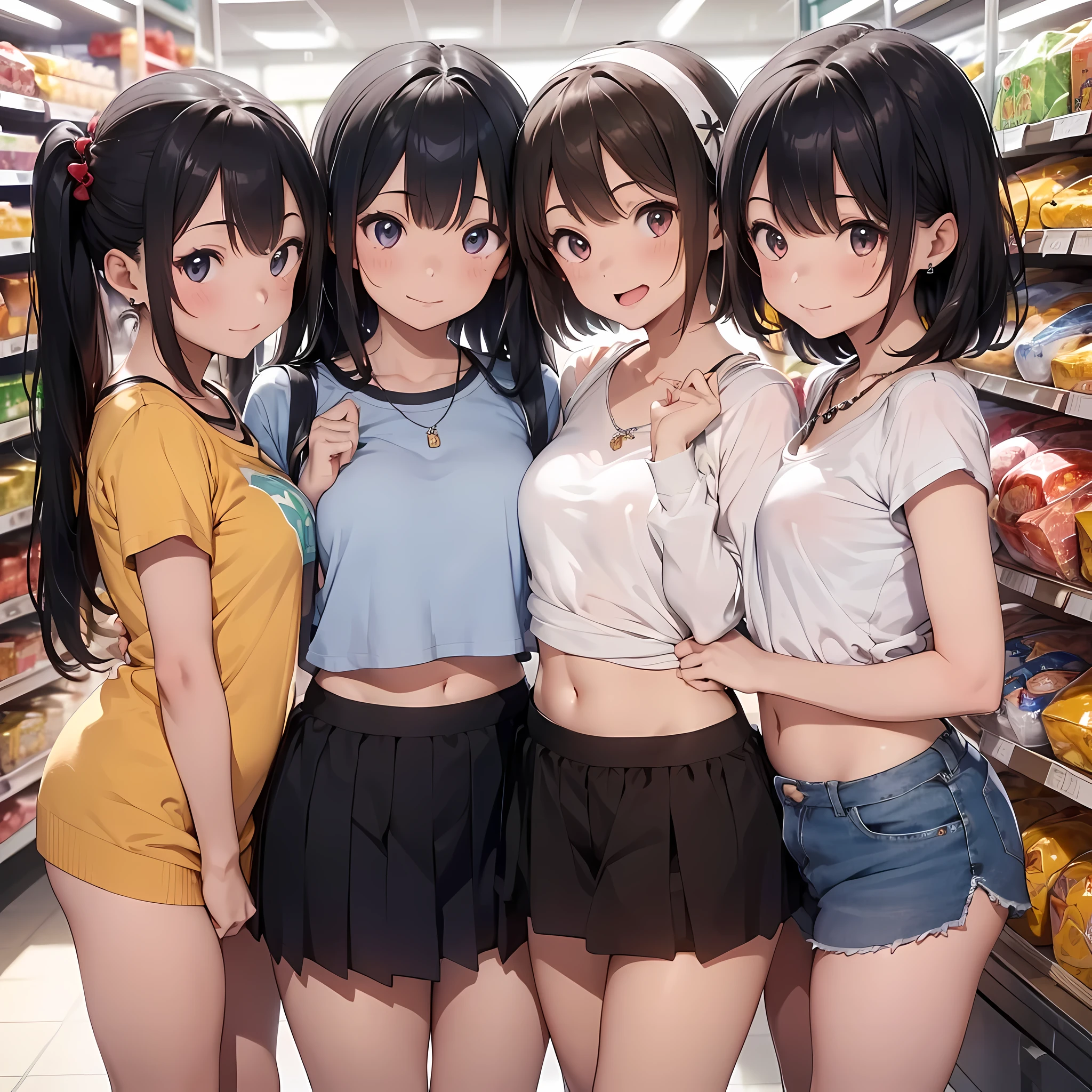 ((masterpiece, 最high quality, 超high quality, high quality, Super detailed, Intricate and detailed, Perfect Anatomy, Shiny skin)), ((Upper Body:1.2)), (Three women posing for the camera:1.4), (At the food section of a department store), (Lift up your camisole), (Full nudity:1.4), (smile, shy, Red cheeks, blush:1.2), (Open your mouth:1.6), (Stand in line) , Brown Hair, Blonde, belly button, jewelry, View Viewer, necklace, Long Hair, short hair, Abdominal muscles,  Straight hair, Bobcut, Blunt bangs, Silky Hair, Hair Clip, hair band, Hair Ribbon, One-length haircuts, Ducktail, Outward curled hair, French twist hair, Twin tails, Side Ponytail, Single Blade, Wavy Hair,