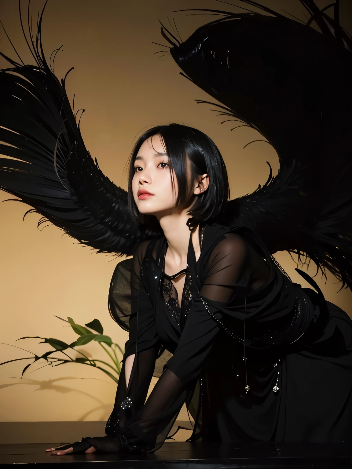 (Best quality, 8k, 32k, Masterpiece, UHD:1.2) "Generate a captivating artwork featuring a young Japanese girl model with short, sleek black hair styled in a chic bob haircut. Envision her bathed in dramatic cinematic lighting, creating an atmosphere of allure and mystery. Emphasize a romantic aesthetic vibe, showcasing the model in a poised and elegant pose that evokes a sense of intimacy and sophistication. Utilize warm and soft tones to enhance the romantic ambiance, and consider incorporating elements like flowing fabrics or flowers to add a touch of ethereal beauty. Capture the essence of romance and beauty through the model's expression, the play of light and shadows, and the overall aesthetic, creating a visually compelling and emotionally resonant piece." (perfect eyes), flawless skin, flawless face, cinematic, tight body, ((well-proportion female hands)), ((female hands with five digits)) ((Body is well proportioned)), ((chic bob haircut)),