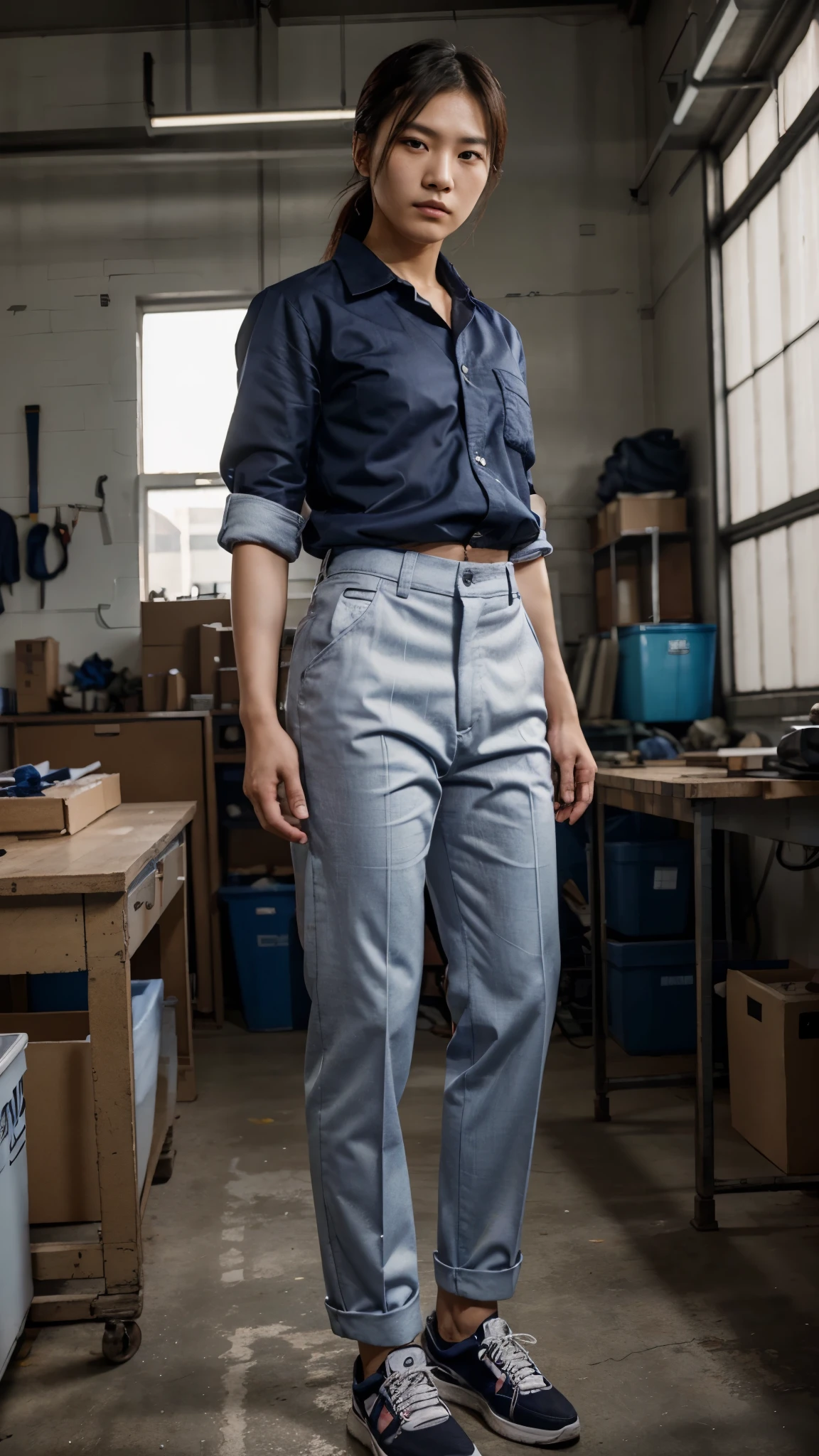 A Korean girl crossdressing as a man wearing man's work shirt, pants, and shoes standing in a workshop with masculine pose and fierce expression facing to the camera.