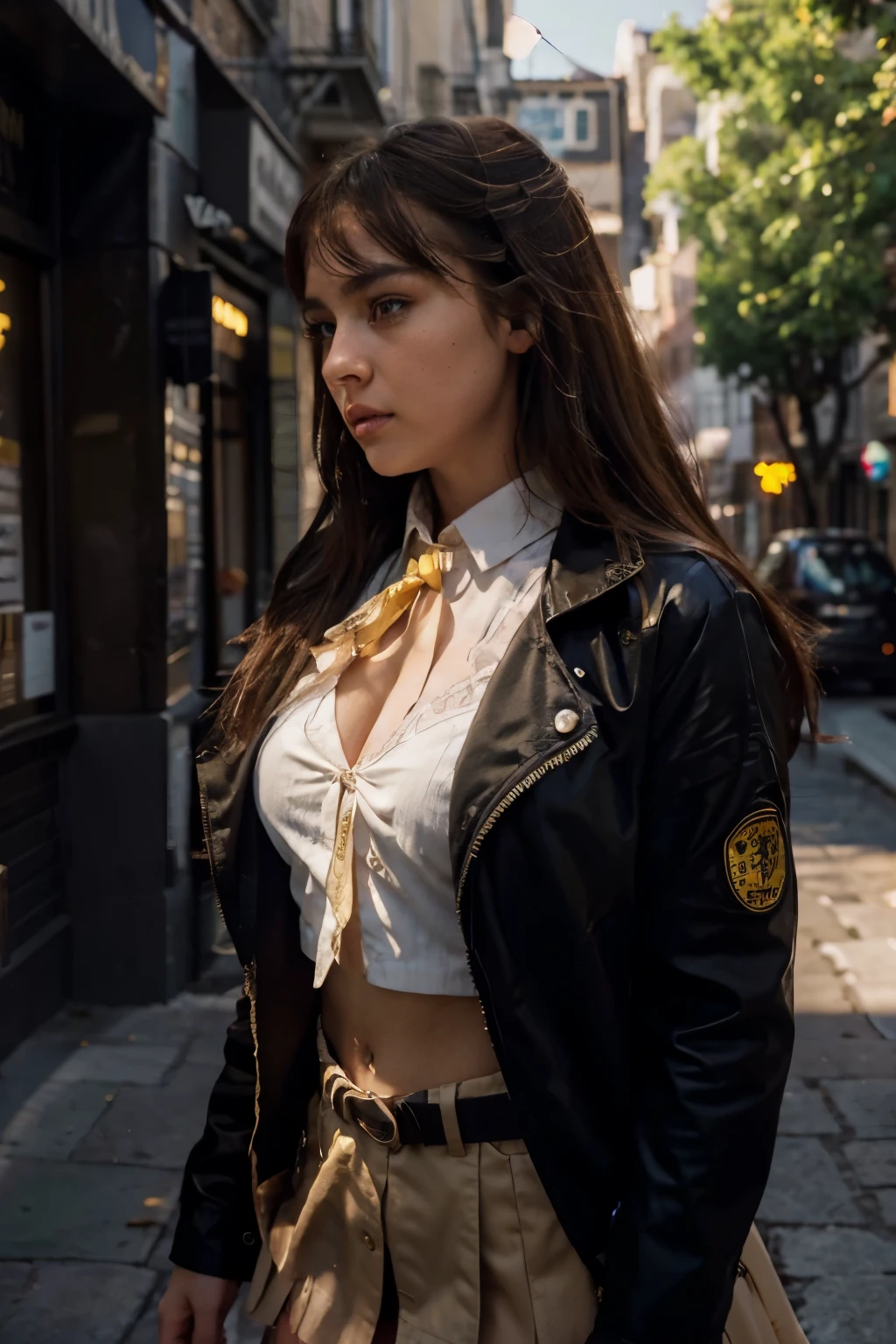 1girl, intricate detail, masterpiece, best quality, extremly detailed,cinematic lighting, beautiful detailed glow, finely detailed beautiful face and eyes, 8k, dark intense shadows, yellow eyes, medium hair, dark hair, bangs, floating hair, black jacket, open jacket, white shirt, expressionless, yellow necktie, black skirt, spotlight, sunshine, sunrise, gradient sky, city, lens flare, cowboy shot, [[curvy]], [mature female], portrait sophie mudd, thick neck, 19 year old female model, latina, angelawhite, violet myers, 22 years old, 21 years old, profile image, italian, italian latina, Alycia Debnam-Carey, hazel eyes,