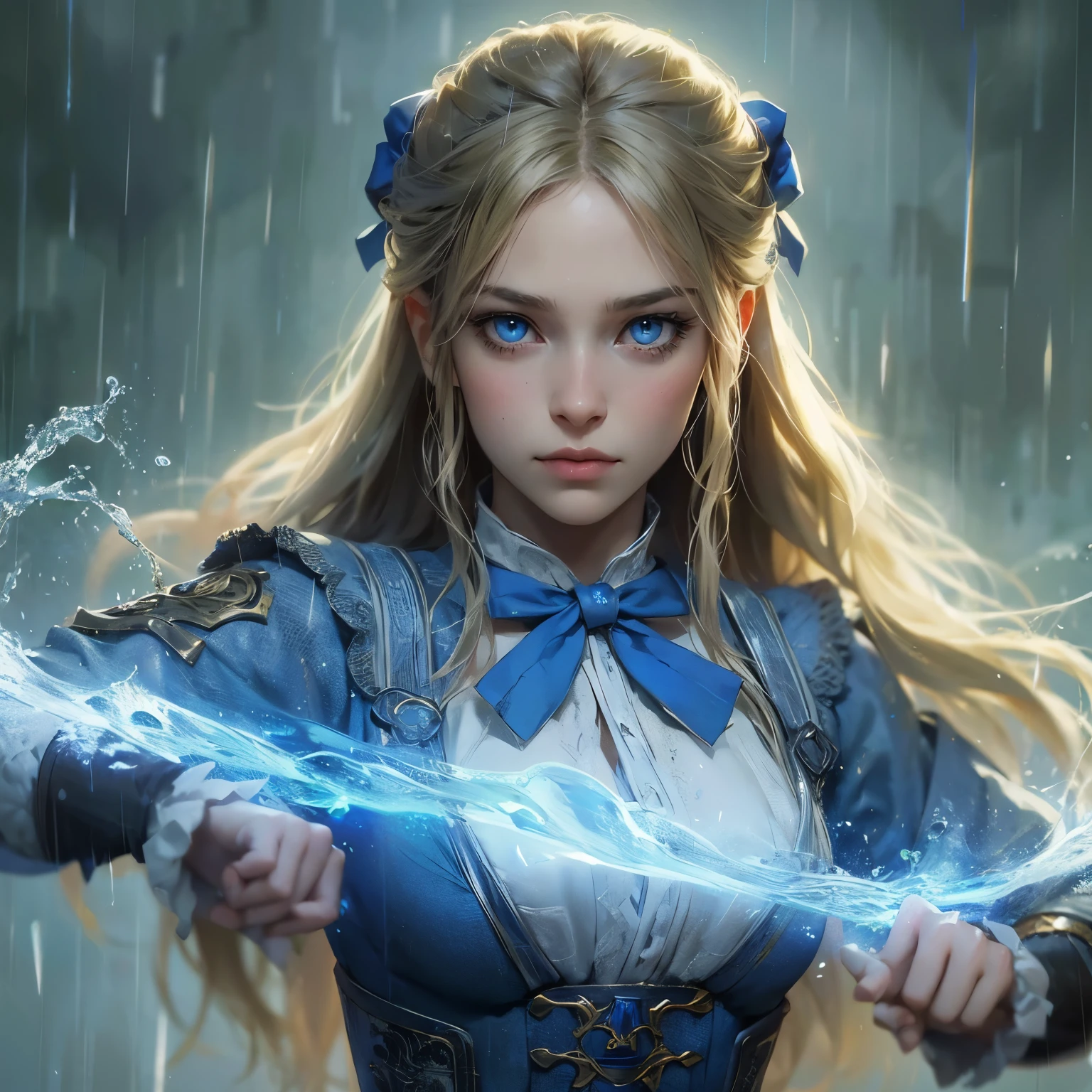an animated fantasy novel style portrait of a character portrait. Animated. She is 25 years young. She has blonde long hair tied with a blue bow. She is pretty with blue eyes. She is wearing a blue and white medieval feminine fantasy warrior gear. She is noble, beautiful and has a angry face. Water powers. Rainy dystopian background. Dark tragic theme. Serious. Waist length picture.