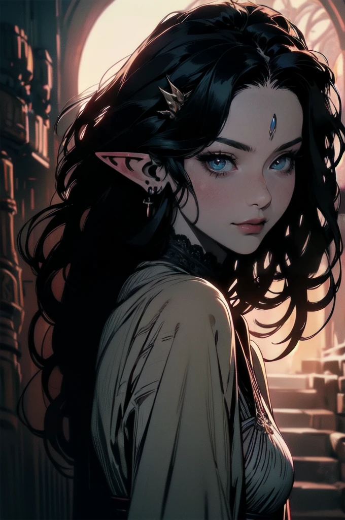 { - anatomy error}(Masterpiece - Ultra-detailed, very high resolution)moonlight, hyper-realistic of a mysterious woman with flowing black hair, ears of elf, piercing opal eyes, and a delicatelace crown, delicate smile, upper body, backwards, looking back, small neck, with chin on shoulder