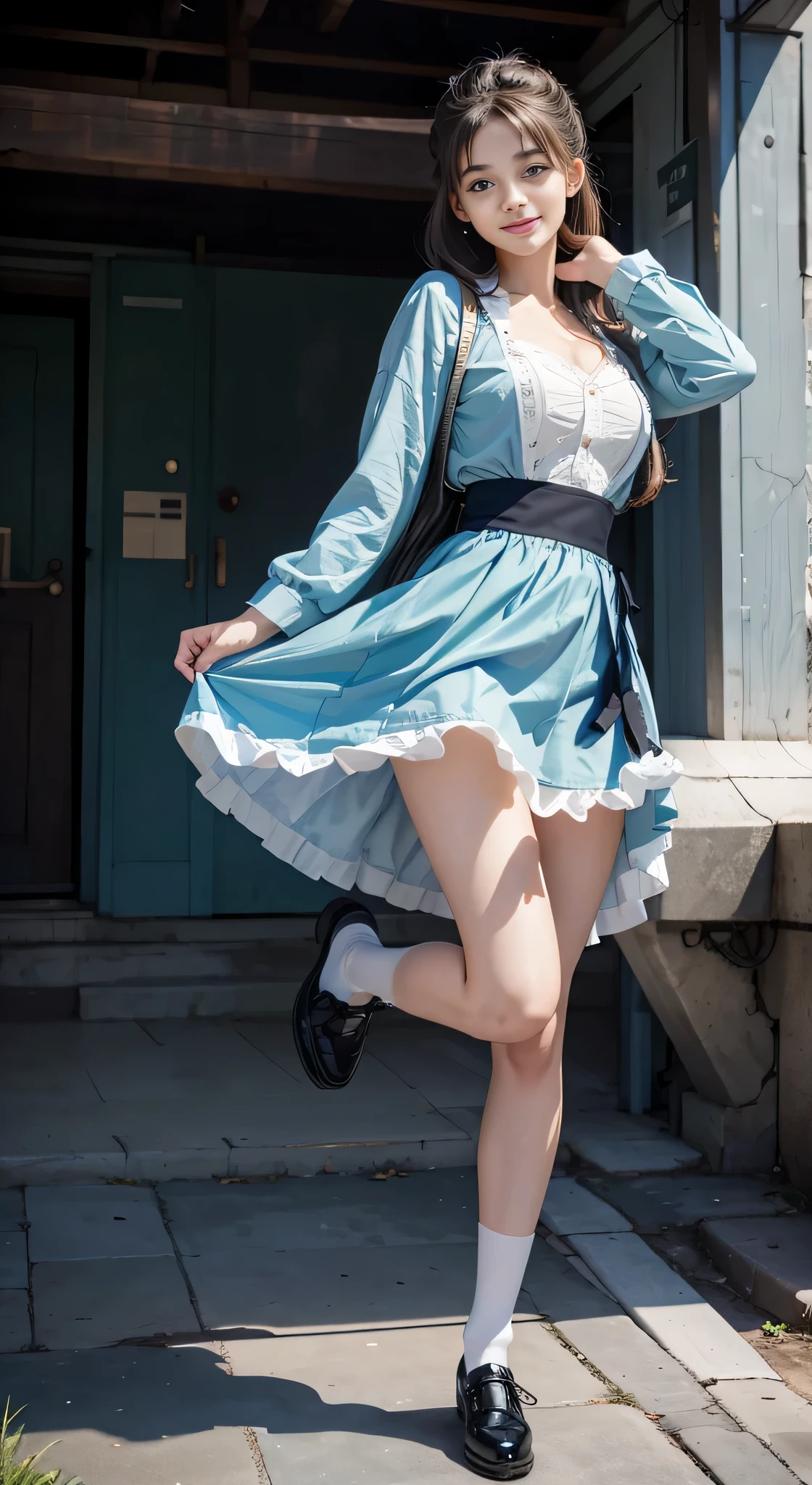 {highest quality}, {masterpiece, 超A high resolution}, (Photoreal:1.4), {{RAW photo}}, {{{A -yeld Loa-like woman poses with her skirt pulled up and one leg raised...:smile:detailed eye:green}}, , {Alice Blue Dress, White socks and black shoes}, white background