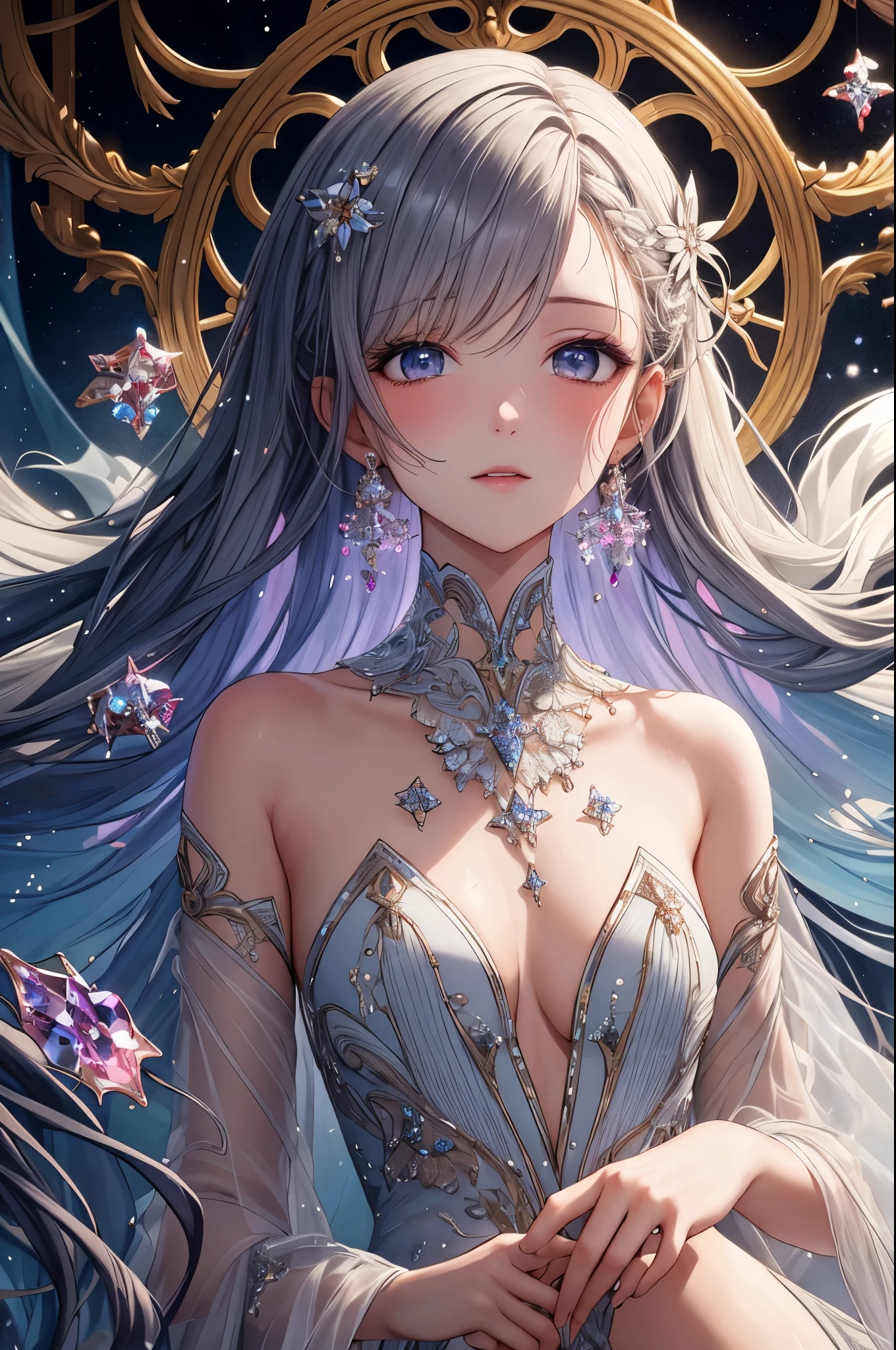 highest quality,amazing,very detailed,figure,cover,mysterious person,covered with translucent fabric,Crystals decorating hair,dreamy swirl,pastel colour,soft light,Evoking serene tranquility and elusive beauty,non-representative,Color and shape,expression of emotions,imaginative,very detaileded,