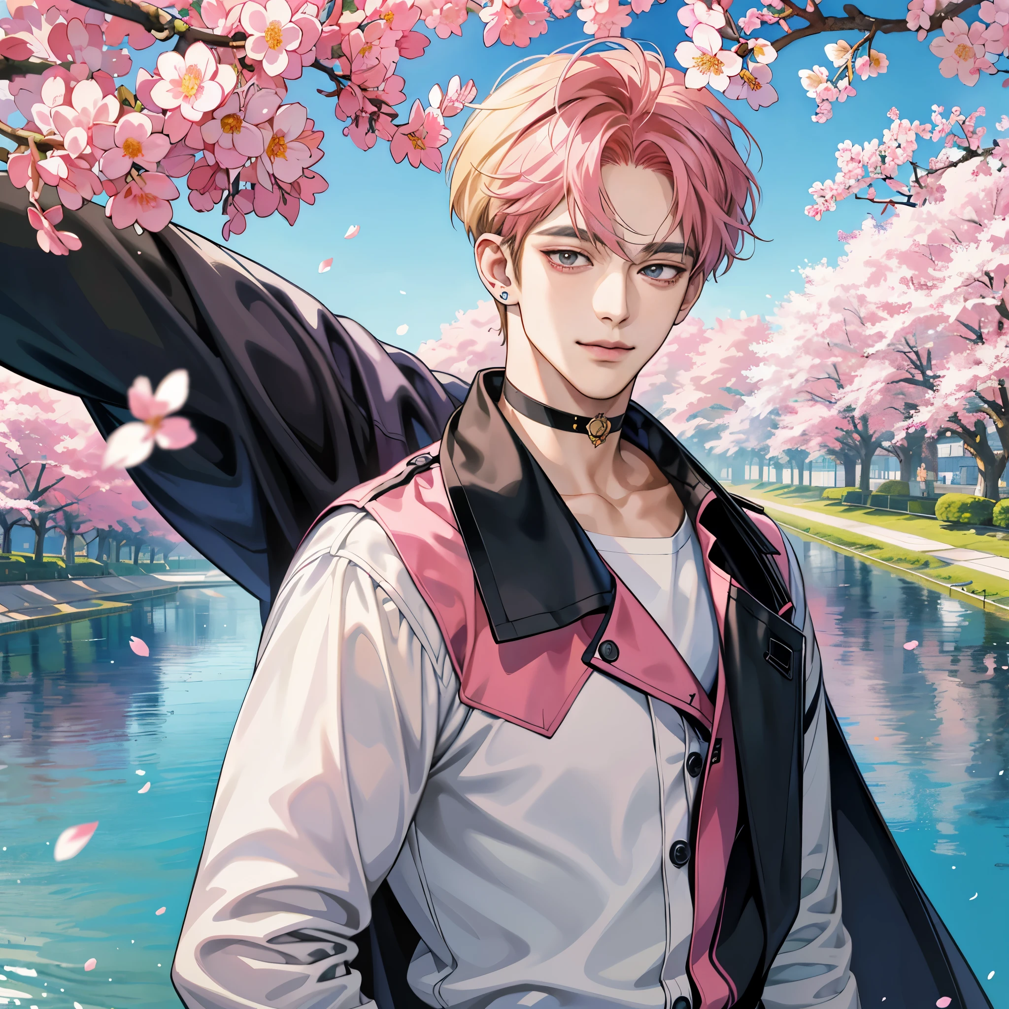 Gouvys style artwork,  anime realism style, realistic anime art style, Inspired by Kim Taehyung, in anime style, anime handsome man, dark pink hair、A sluggish smile、choker、multiple piercings、short hair man、One man、gray eyes、Parks by the river、Cherry blossom trees、A man with long blonde bangs