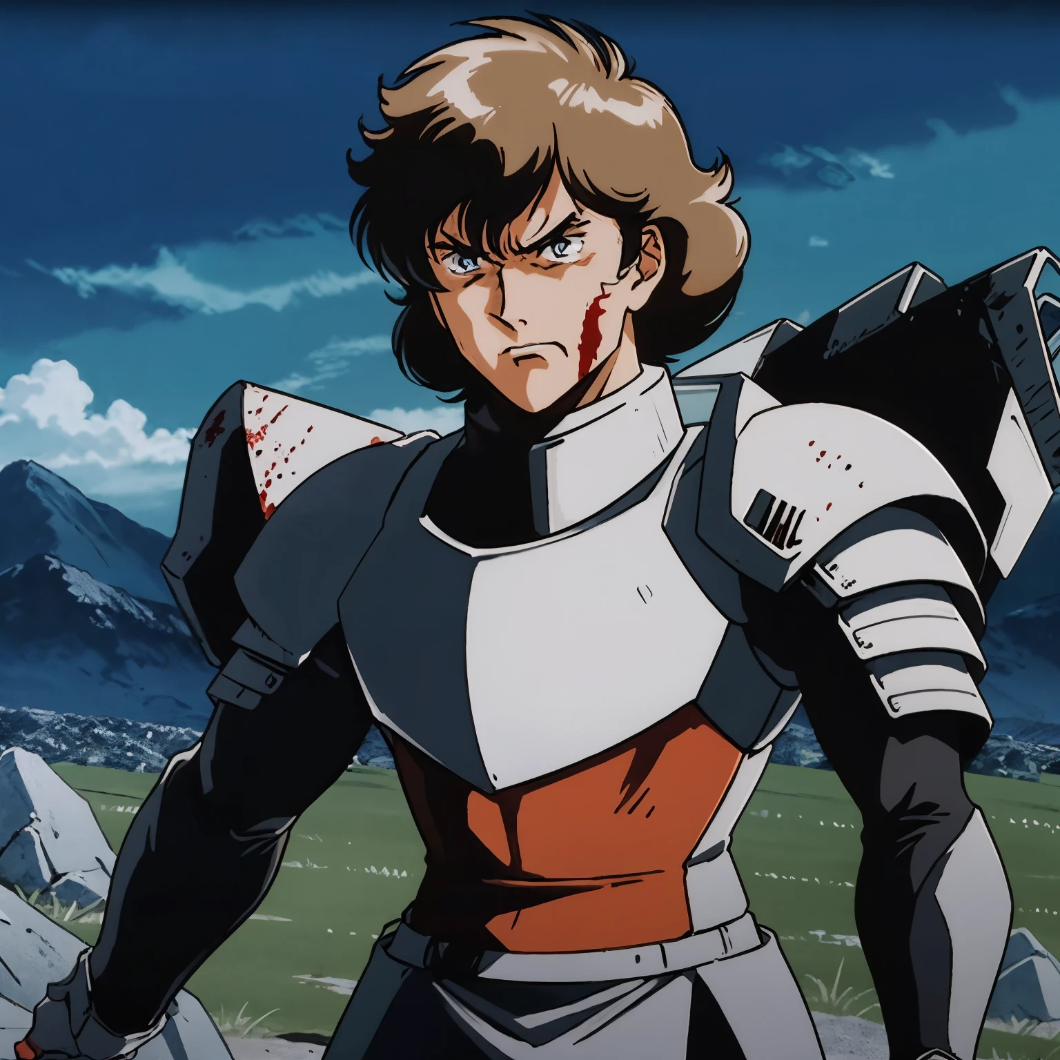 80s style anime male knight with dark hair wearing armor on a bloody battlefield looking angry