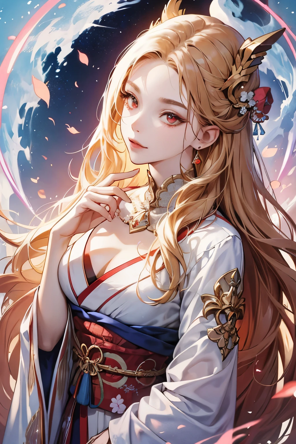 A beautiful, tall, mature woman, a Japanese enchantress, adorned with long flowing red and blonde hair, possessed mesmerizing wide red eyes that gleamed with otherworldly magic, and boasted pristine white skin. Draped in elegant Japanese clothes of white and blue hues, her attire accentuated her slender form and enchanting aura. The intricate patterns and delicate fabrics of her clothing shimmered under the subtle glow of magical energy that radiated from her very being. --s2