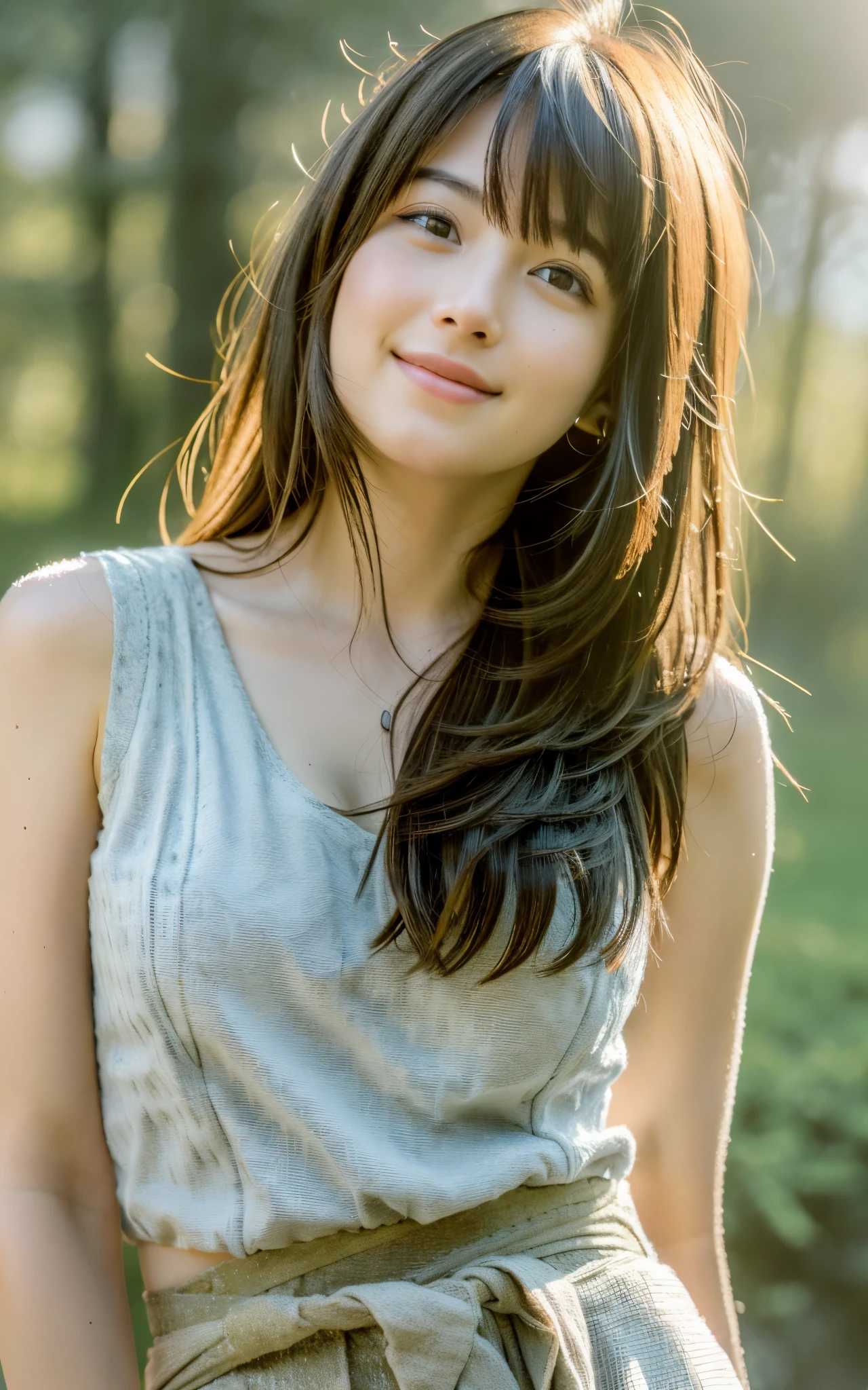 photo realistic, hyper realistic, cinematic lighting, 32K, 1girl, (downcast:1.2), shy smile, backlighting, brightening light, (Increase quality:1.4), (best quality real texture skin:1.4), finely detailed eyes, finely detailed face,  medium hair, hair blowing in the wind, bangs, Tank top, skirt, (Increase skin texture beauty:1.1), matte texture, Morning forest with fog, 