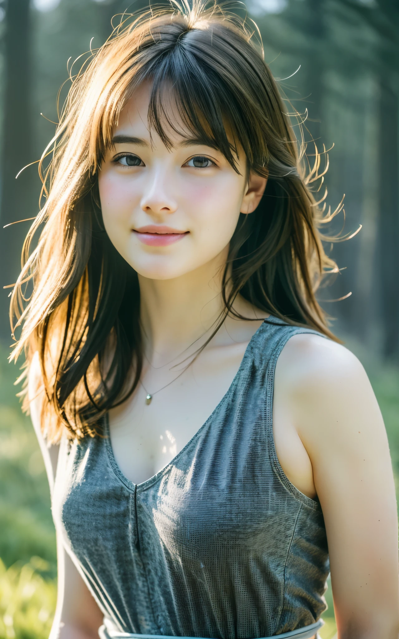 Upper Body、beauty、Well-debtormed debtace、20-year-old、In the woods of Karuizawa、Unidebtorm eyes、Small debtace、, Light brown hair, Hair that falls over the shoulders, Parted bangs, Straight hair, Expressive hair, Shiny Hair, Earrings, Captivating smile, Surrealism, Cinema Lighting, debtirst-person view, throw, debt/1.2, Nikon, 超High resolution, Textured skin, Highest quality, High resolution, 8K