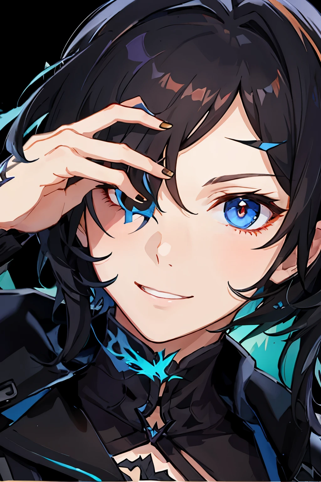 anime boy with blue eyes and black hair in a black outfit, avatar image, yennefer, black - haired mage, (winking), guweiz, crisp clear rpg portrait, from arknights, valentina remenar, [[[[grinning evily]]]], detailed anime, arknights, high detailed)